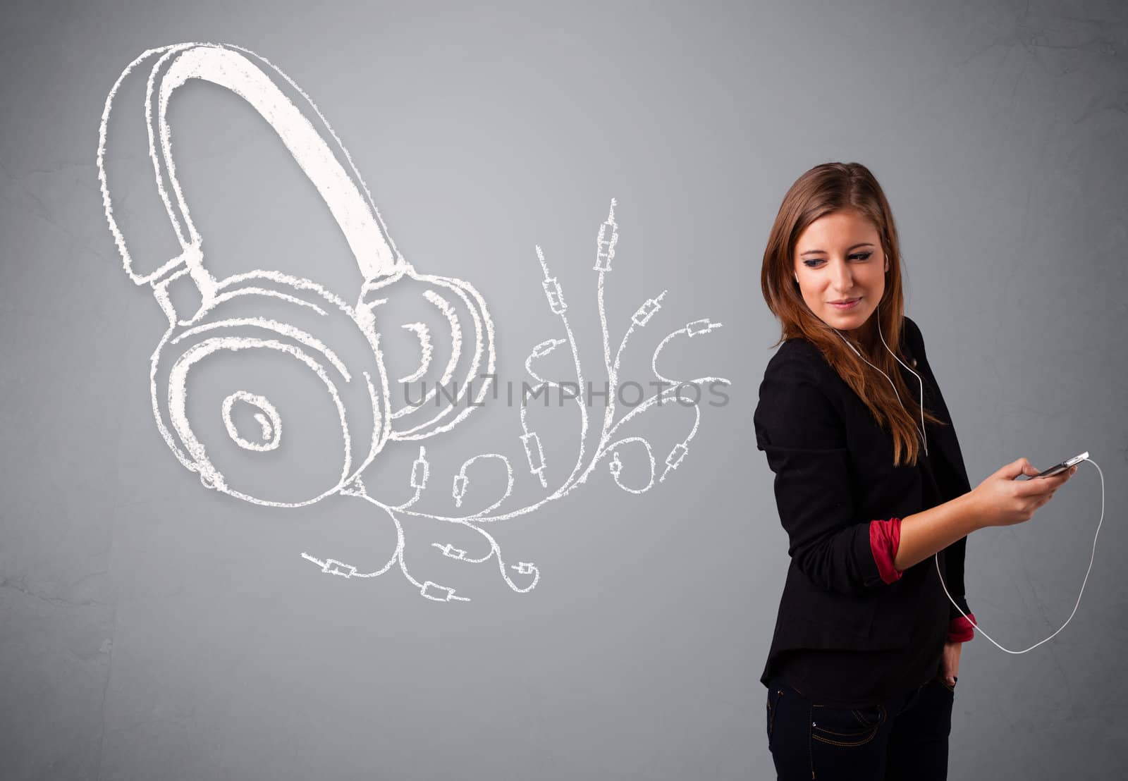 young woman singing and listening to music with abstract headphone getting out of her mouth