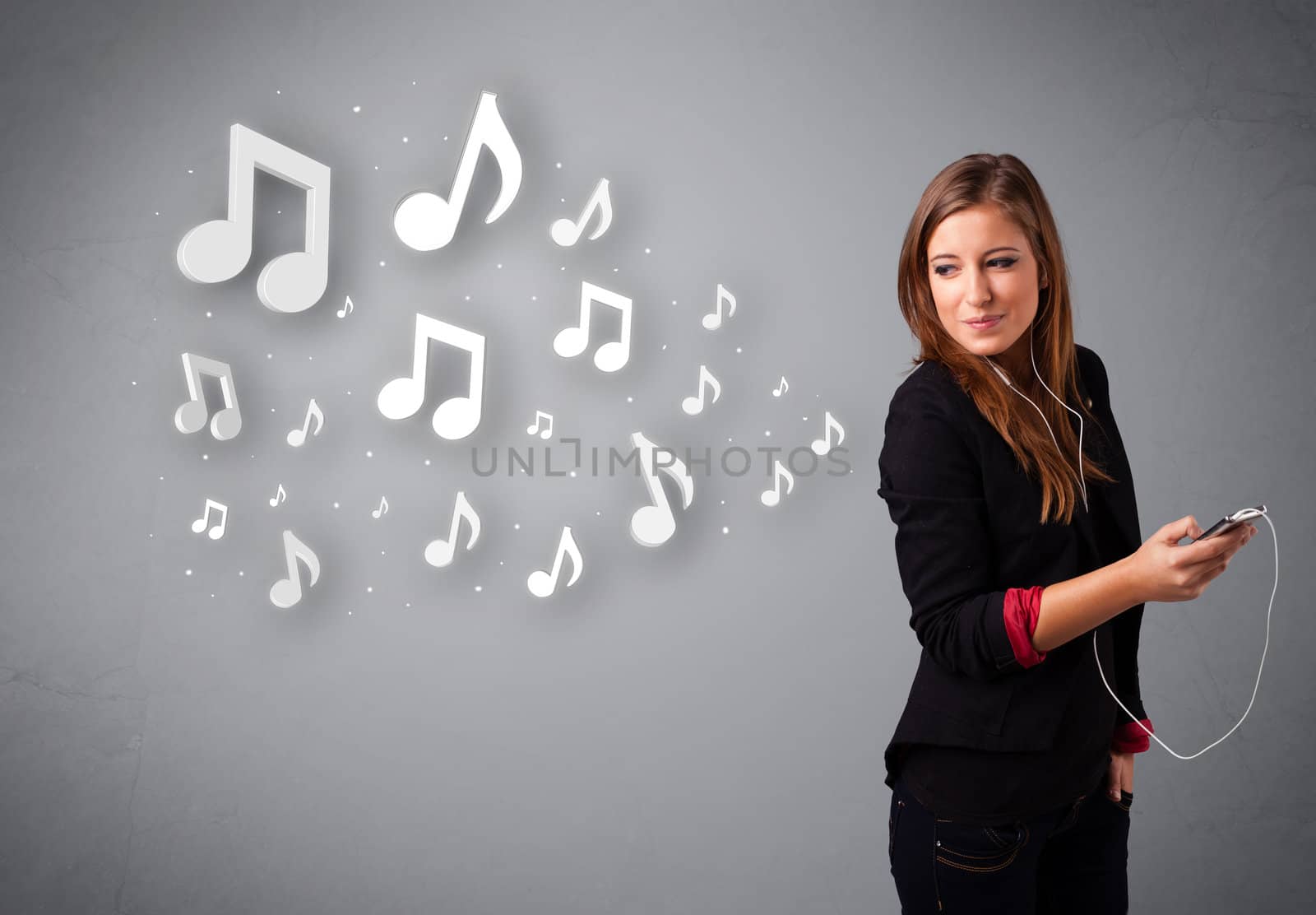 Pretty young woman singing and listening to music with musical notes getting out of her mouth