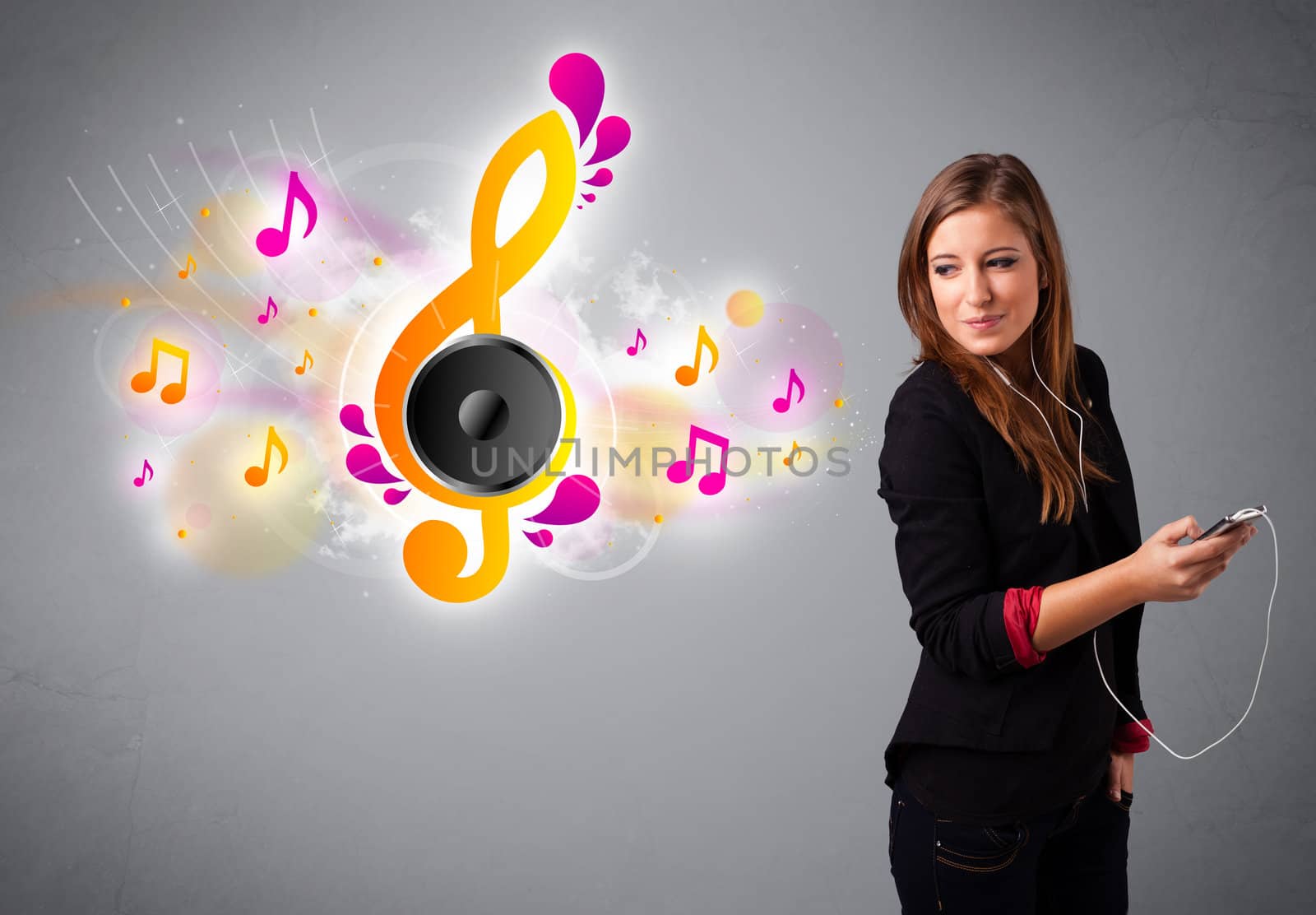 pretty girl singing and listening to music with musical notes by ra2studio