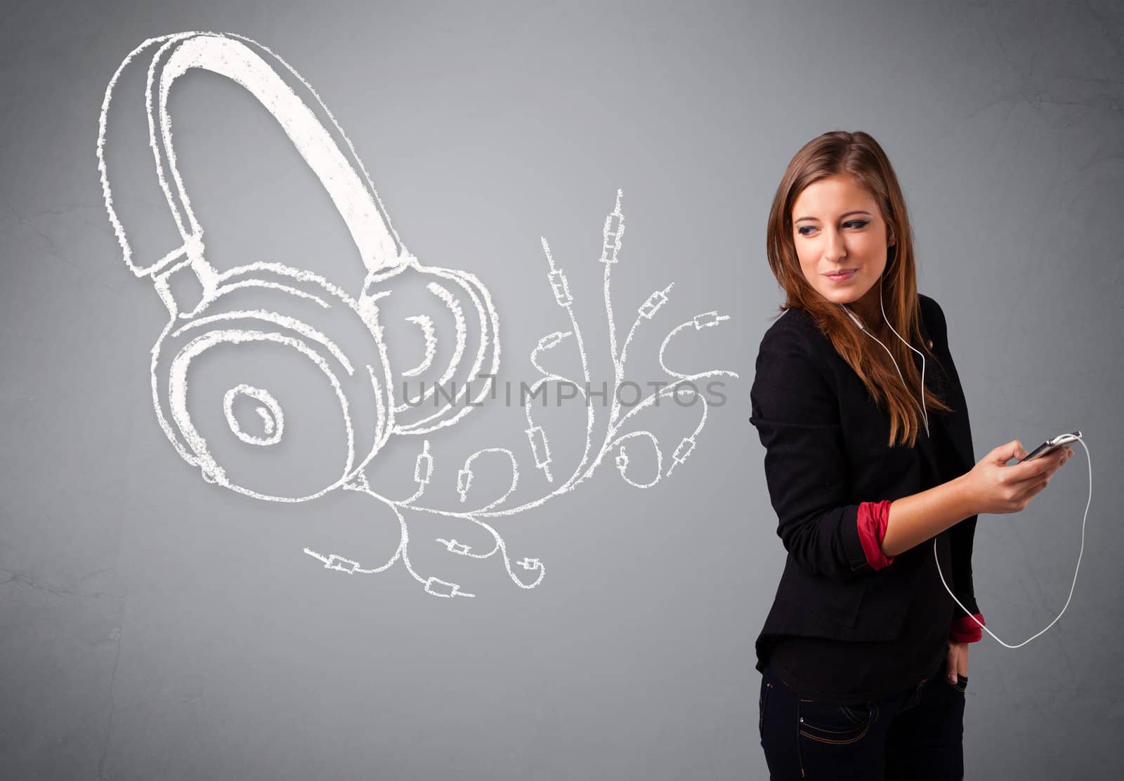 young woman singing and listening to music with abstract headphone getting out of her mouth