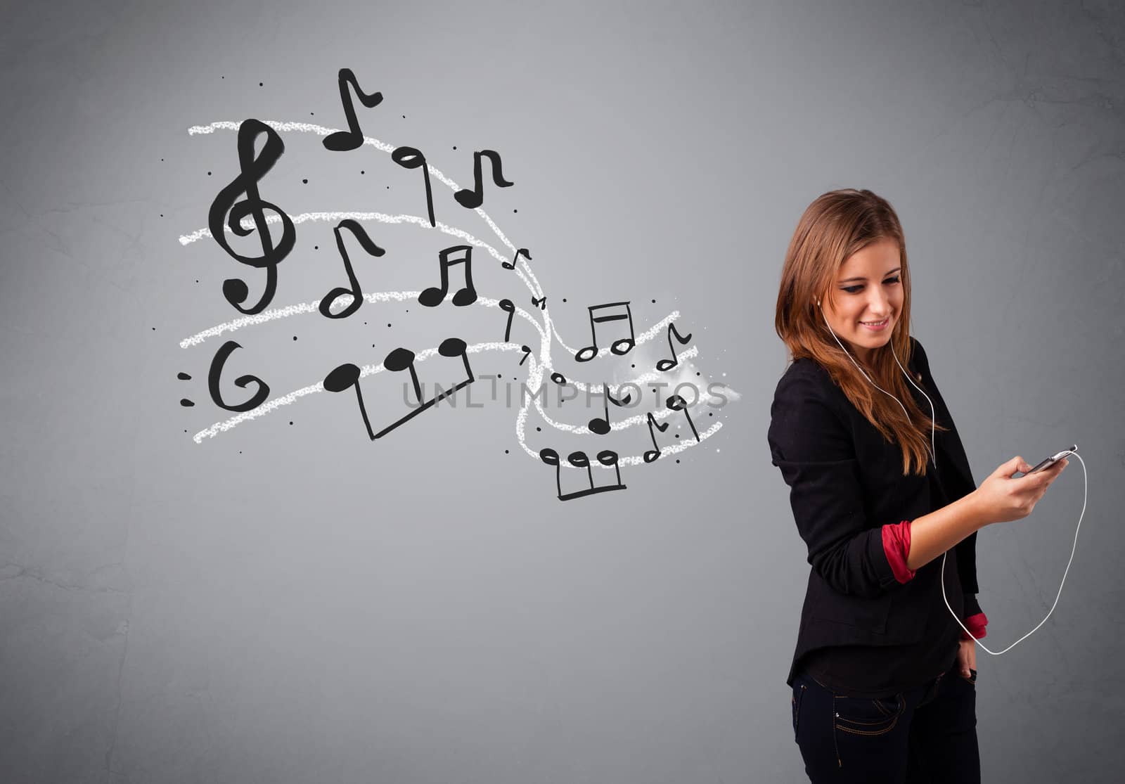 attractive young lady singing and listening to music with musical notes getting out of her mouth