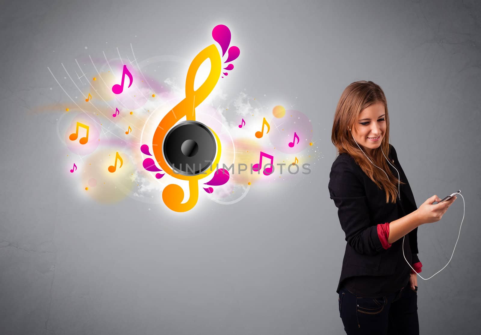 pretty girl singing and listening to music with musical notes by ra2studio