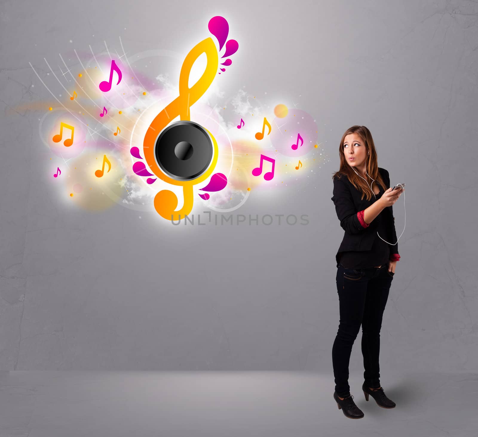 pretty girl singing and listening to music with musical notes getting out of her mouth