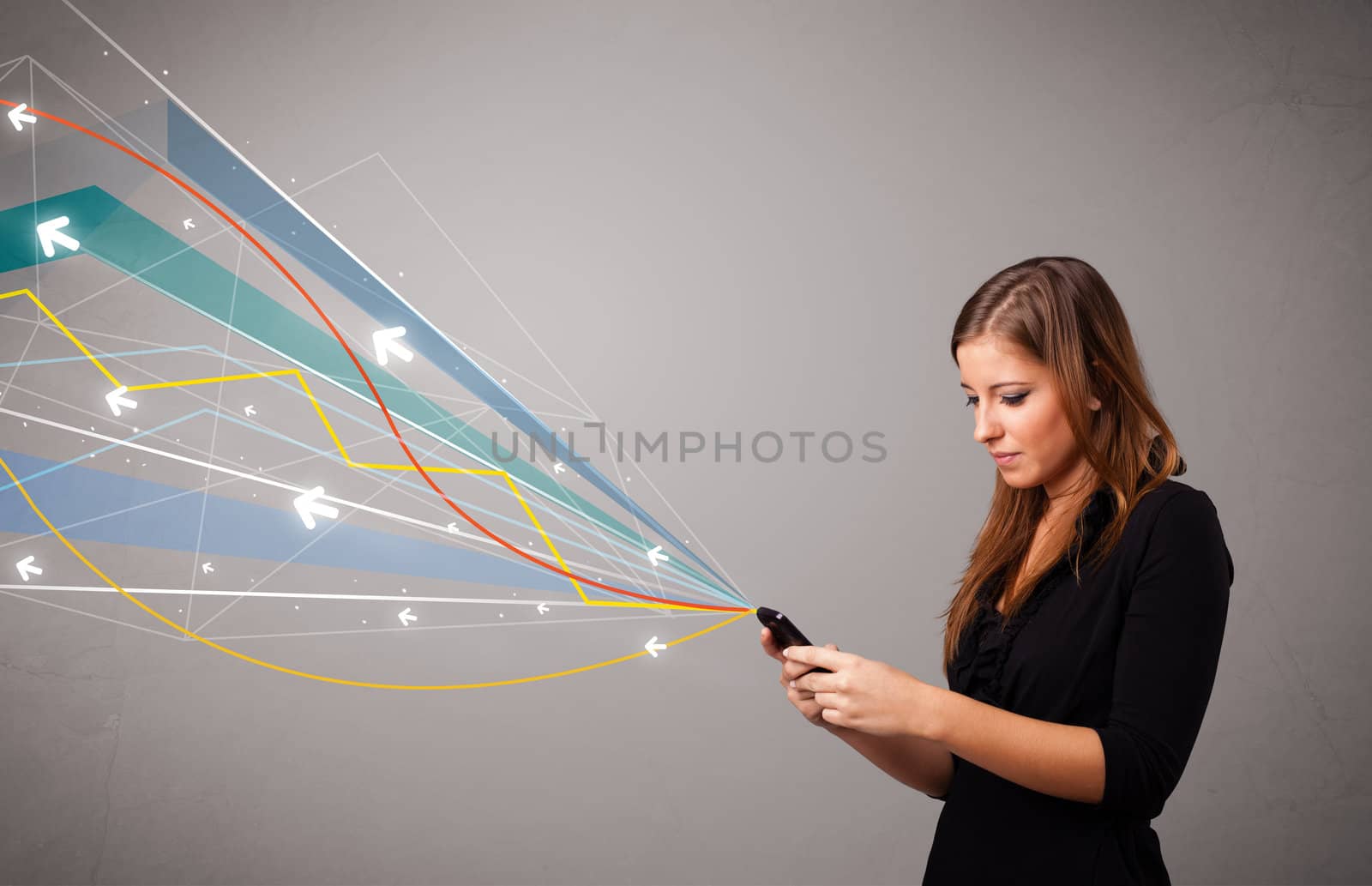 pretty young lady holding a phone with colorful abstract lines a by ra2studio