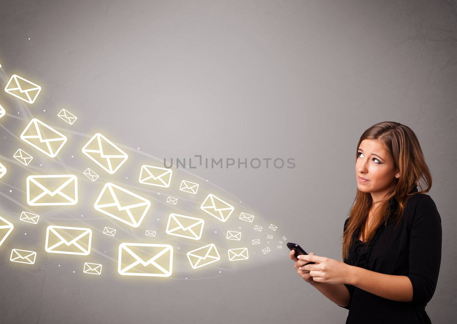attractive young lady holding a phone with message icons by ra2studio