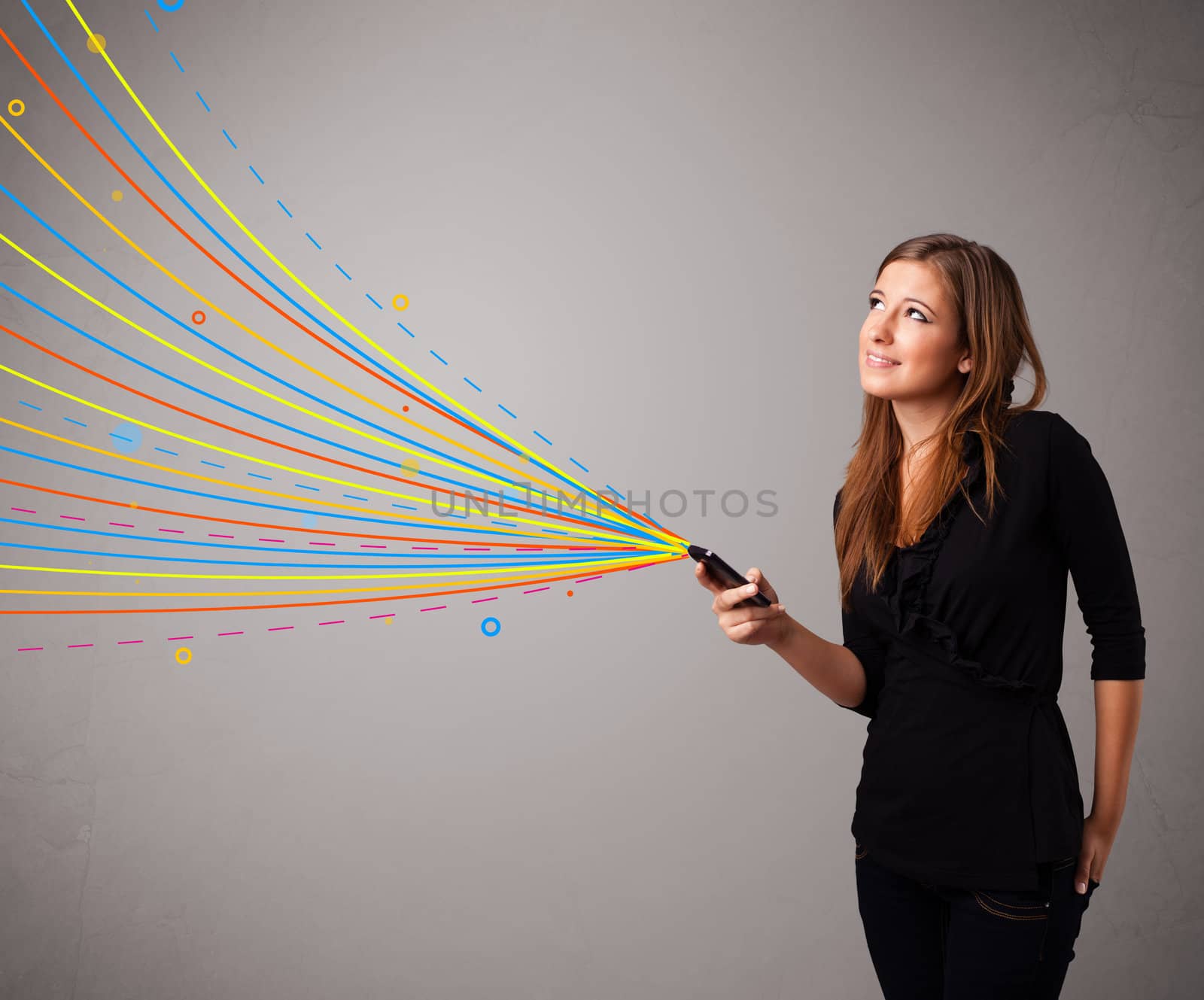 Happy girl holding a phone with colorful abstract lines by ra2studio
