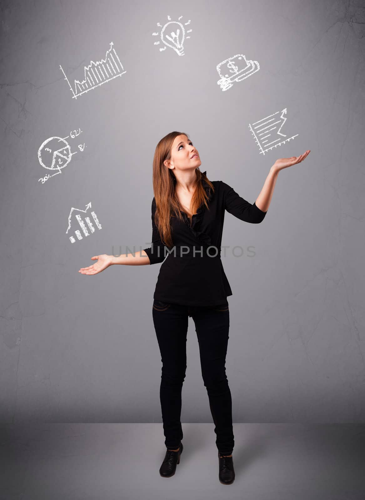 beautiful young woman juggling with statistics and graphs by ra2studio