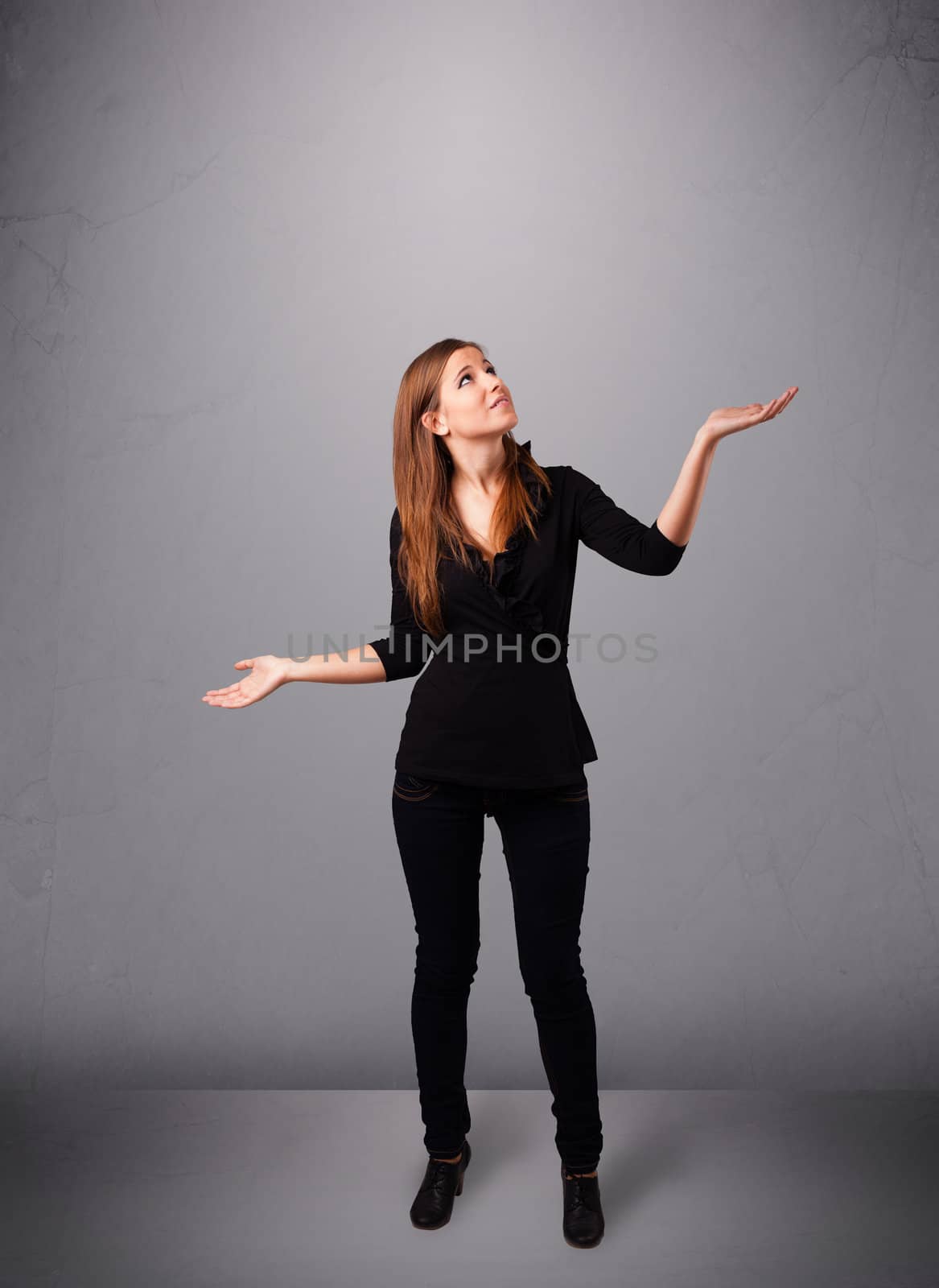 beautiful young lady juggling with copy space by ra2studio