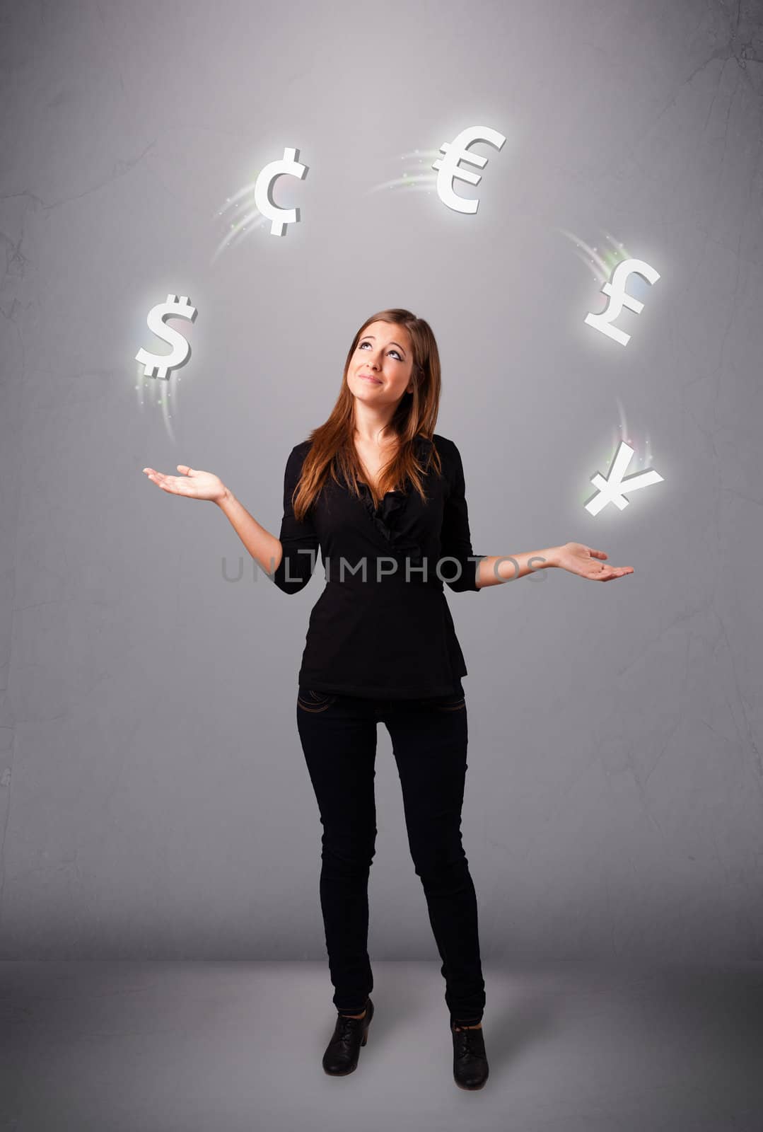 pretty young lady standing and juggling with currency icons