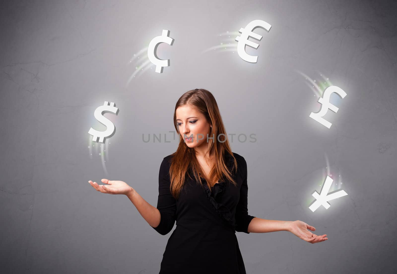 pretty young lady standing and juggling with currency icons