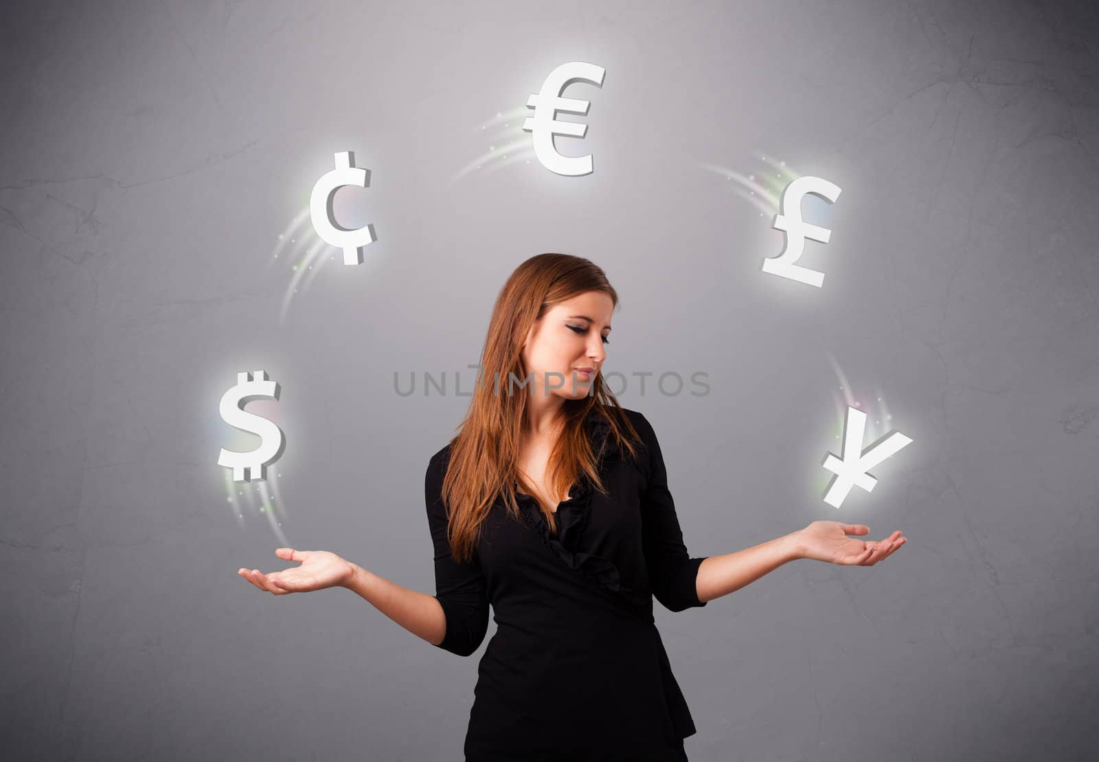 pretty young lady standing and juggling with currency icons