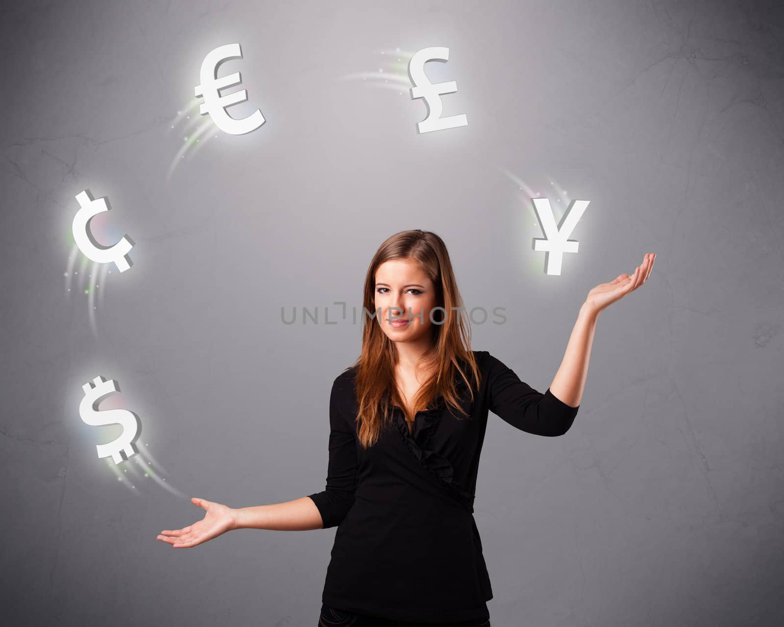 pretty young lady standing and juggling with currency icons