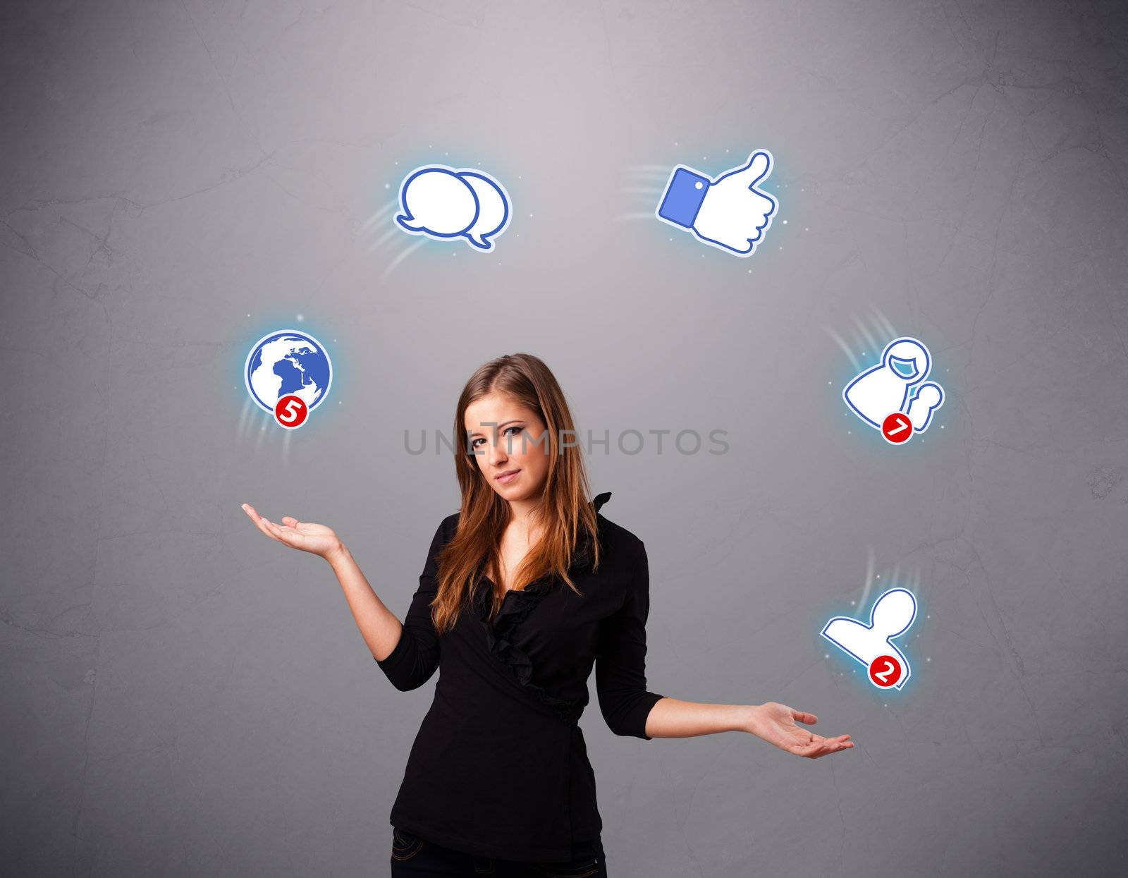 attractive young woman juggling with social network icons by ra2studio