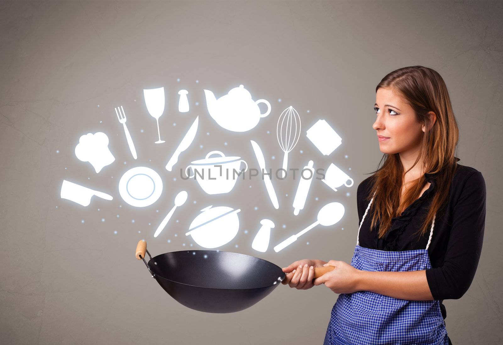 Pretty young lady with kitchen accessories icons