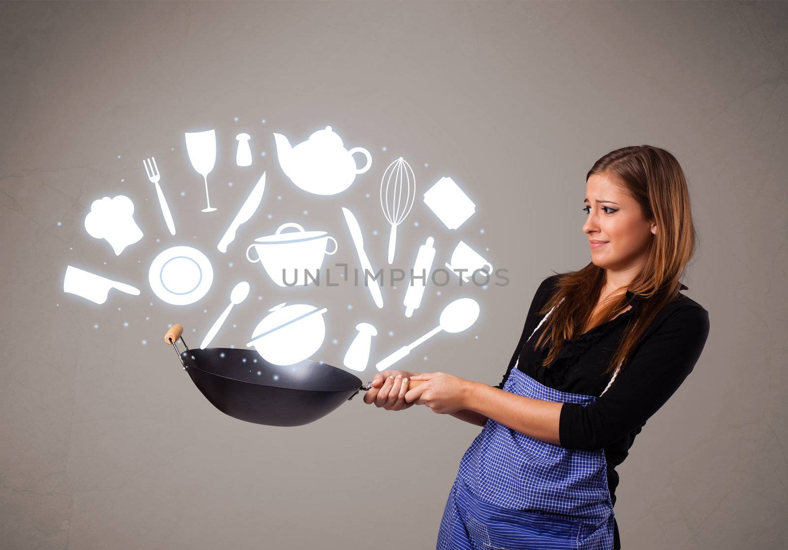 Pretty young lady with kitchen accessories icons