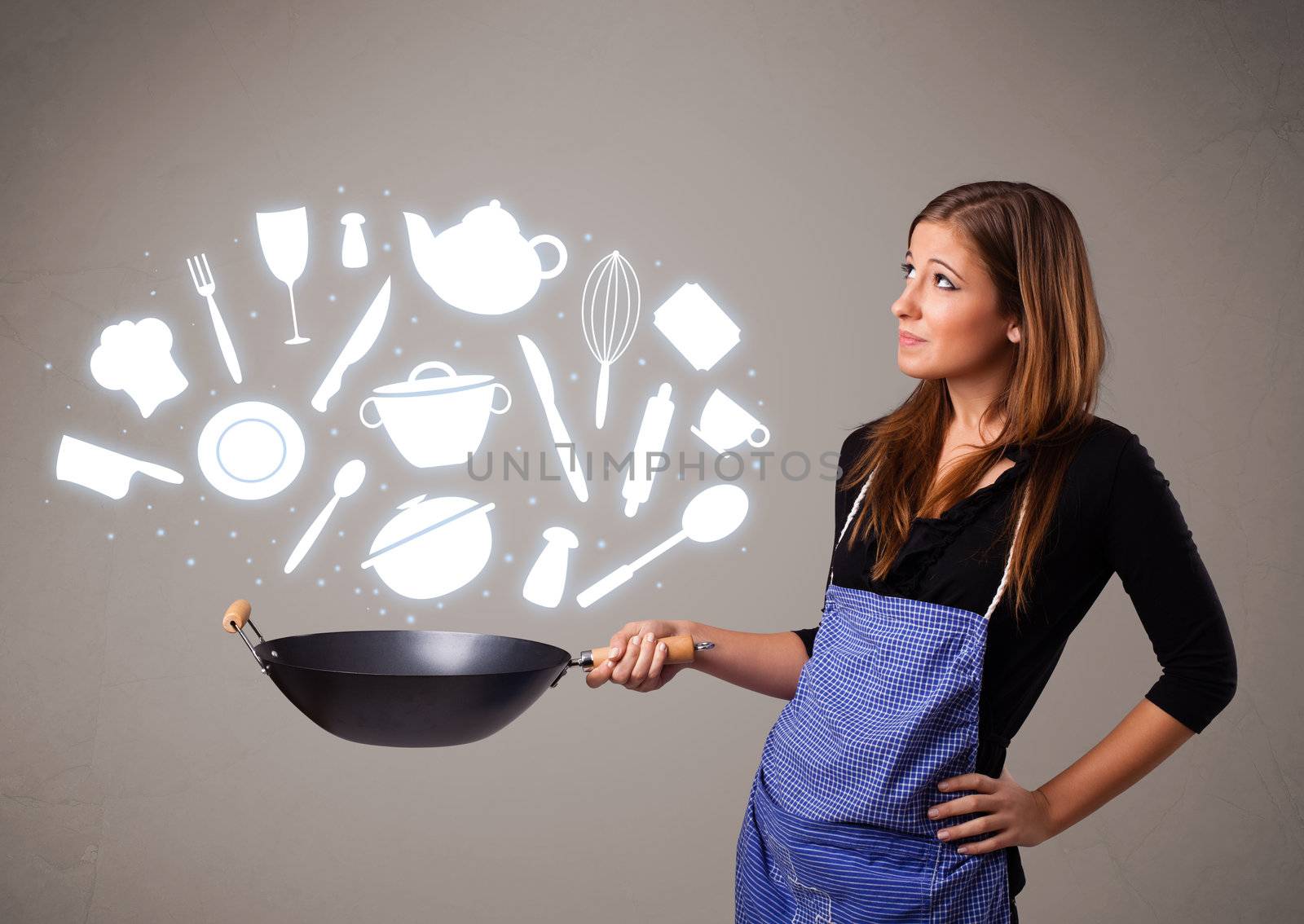 Pretty young lady with kitchen accessories icons