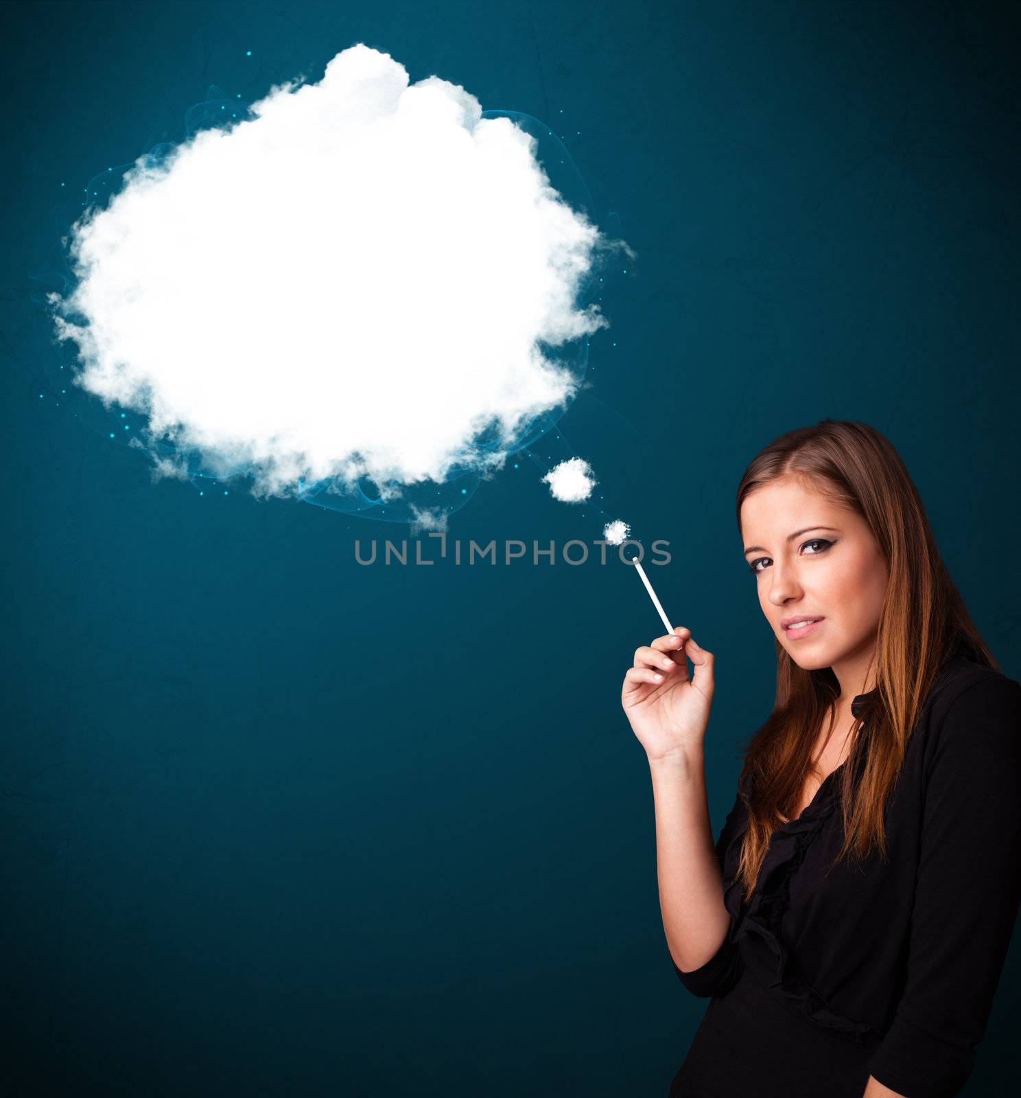 Pretty young woman smoking unhealthy cigarette with dense smoke