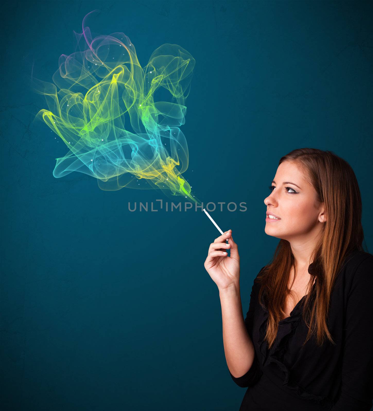 Pretty lady smoking cigarette with colorful smoke by ra2studio