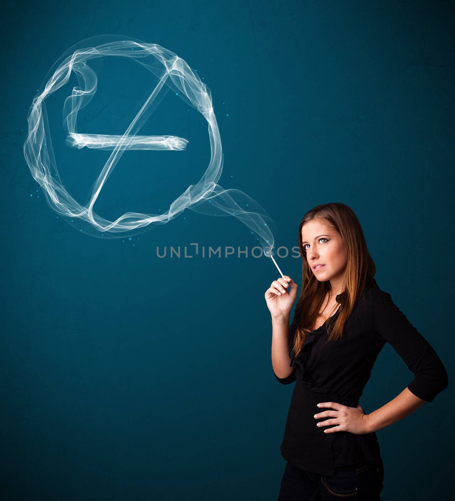 Young lady smoking unhealthy cigarette with no smoking sign by ra2studio