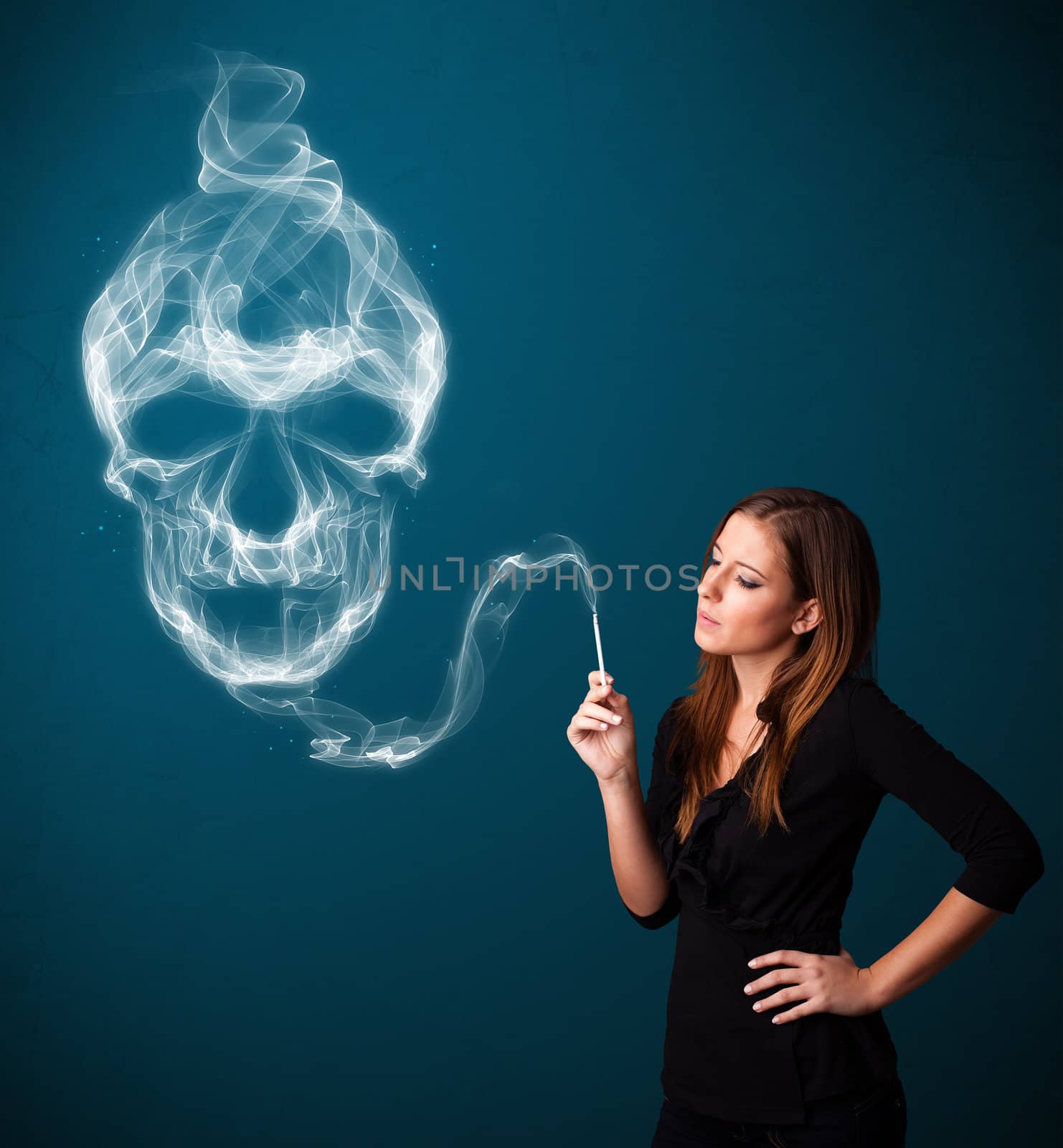 Pretty young woman smoking dangerous cigarette with toxic skull smoke 