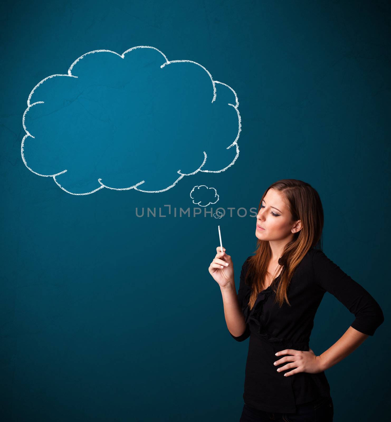 Beautiful young lady smoking cigarette with idea cloud