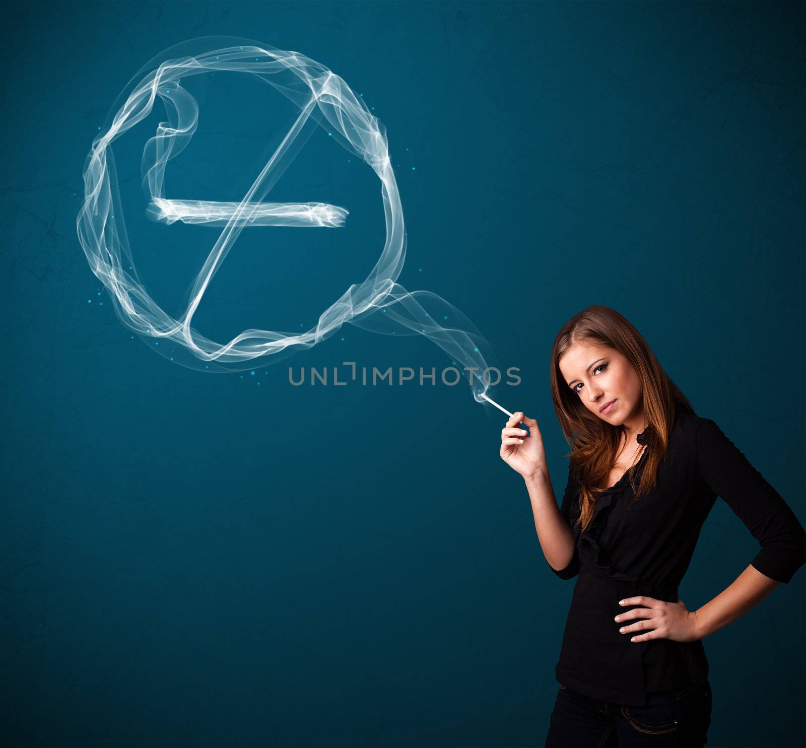 Young lady smoking unhealthy cigarette with no smoking sign by ra2studio