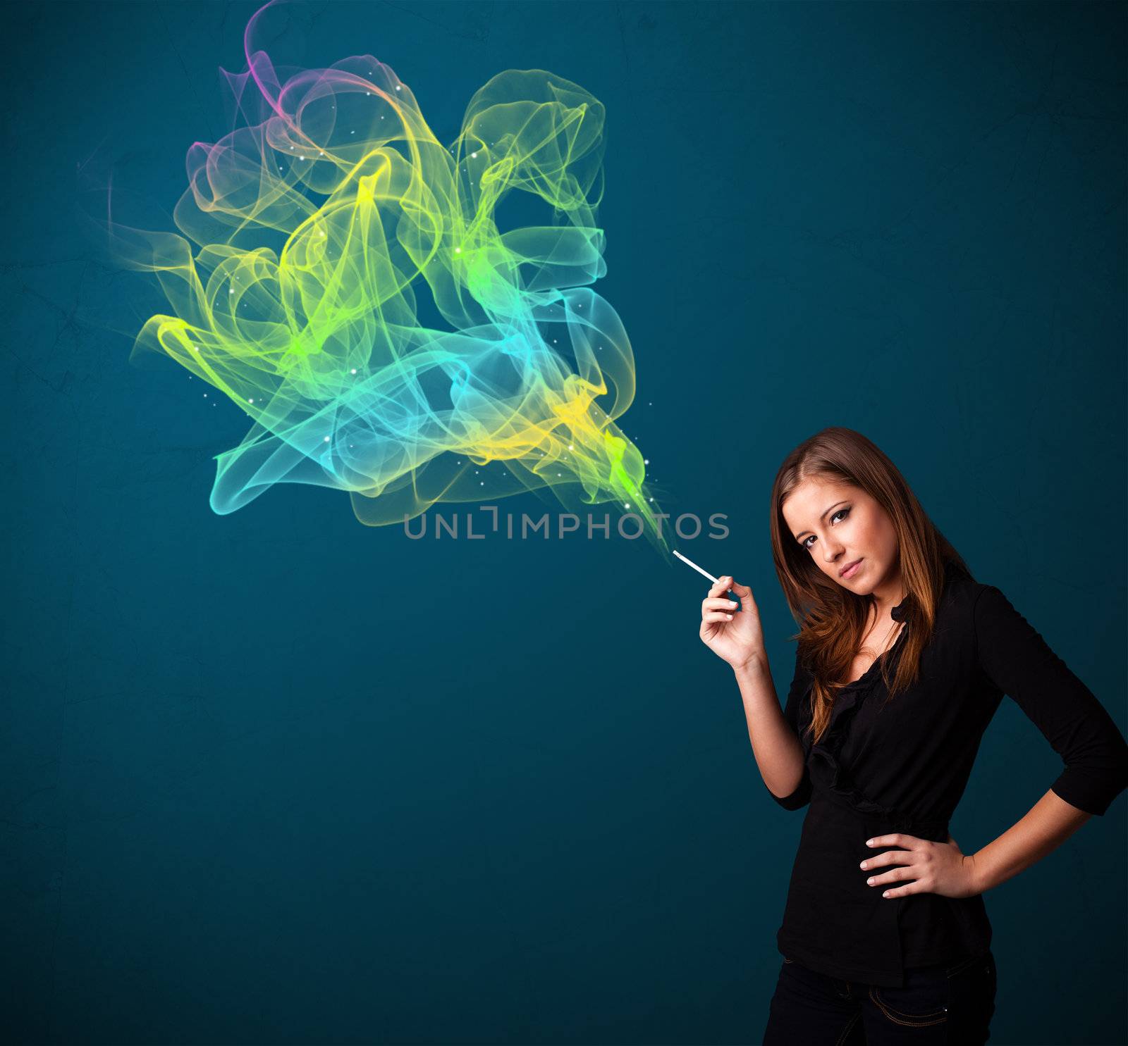 Pretty lady smoking cigarette with colorful smoke by ra2studio