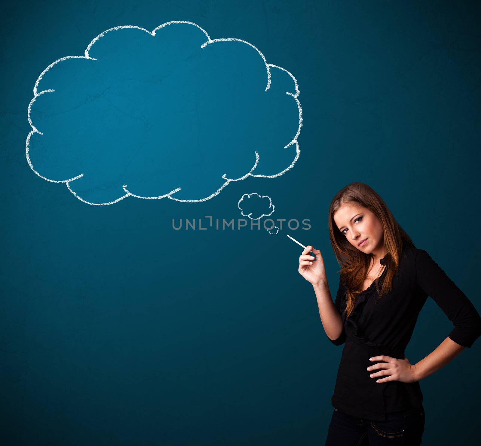 Beautiful lady smoking cigarette with idea cloud by ra2studio