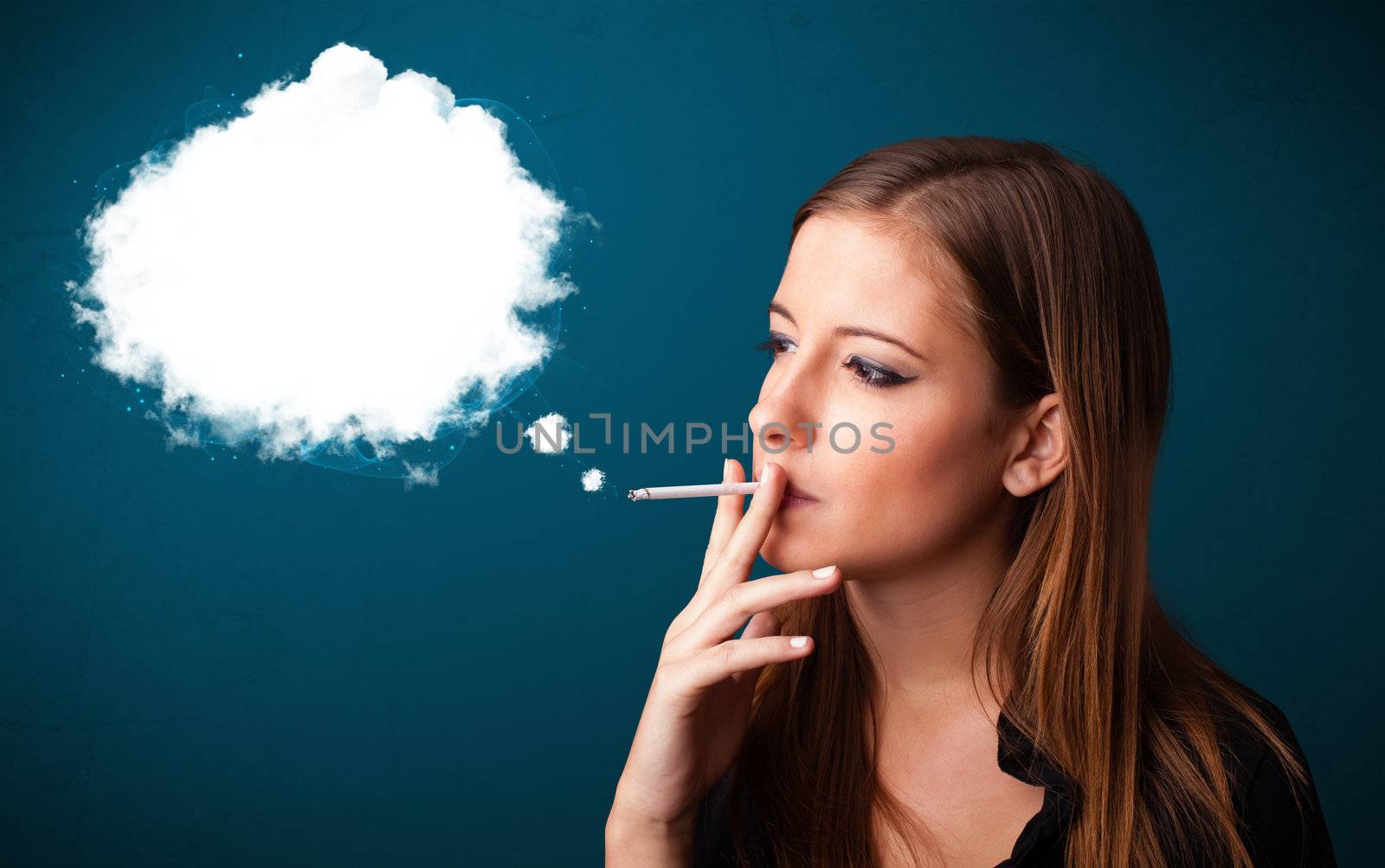 Pretty young woman smoking unhealthy cigarette with dense smoke