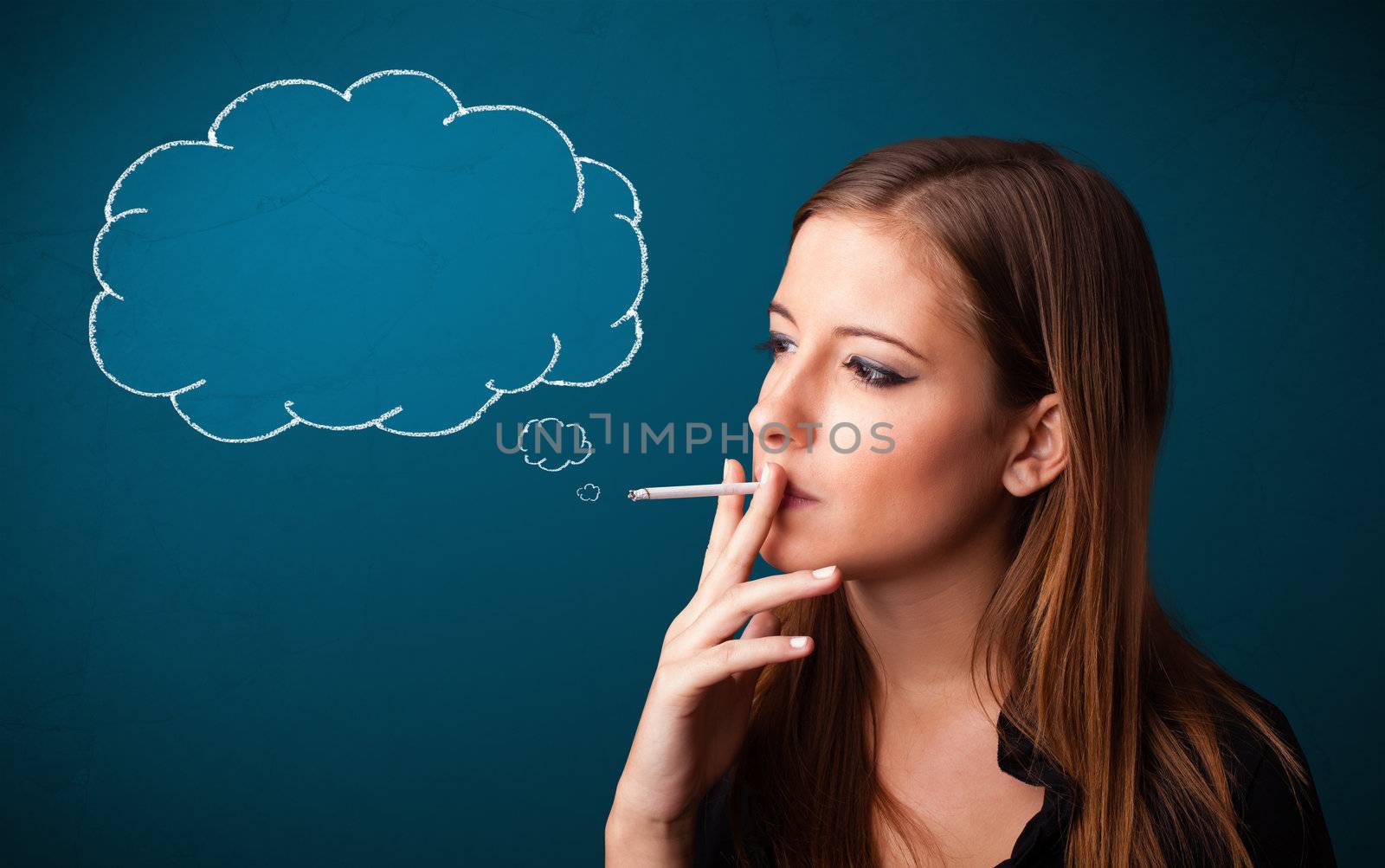 Beautiful young lady smoking cigarette with idea cloud