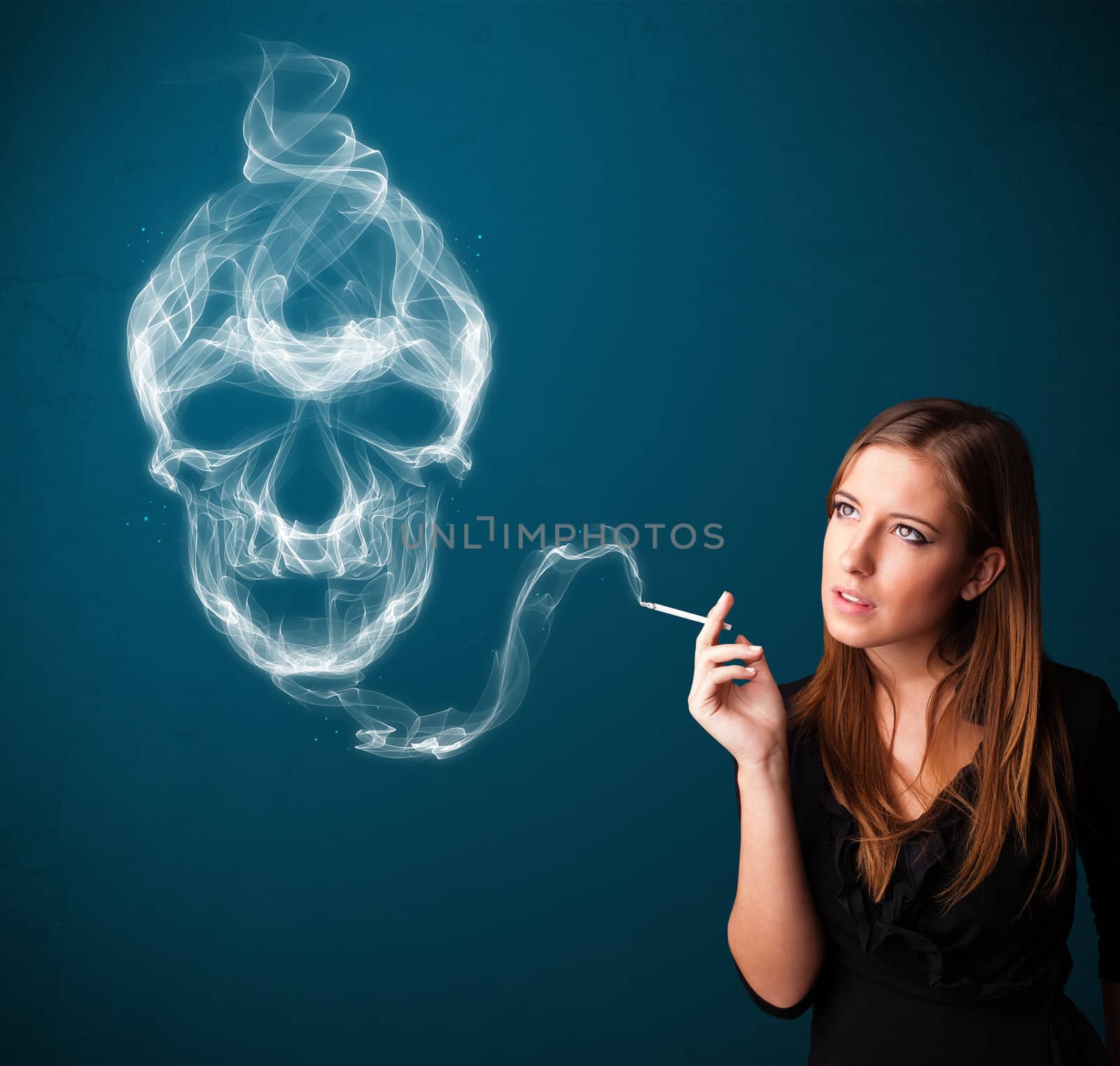 Pretty young woman smoking dangerous cigarette with toxic skull smoke 