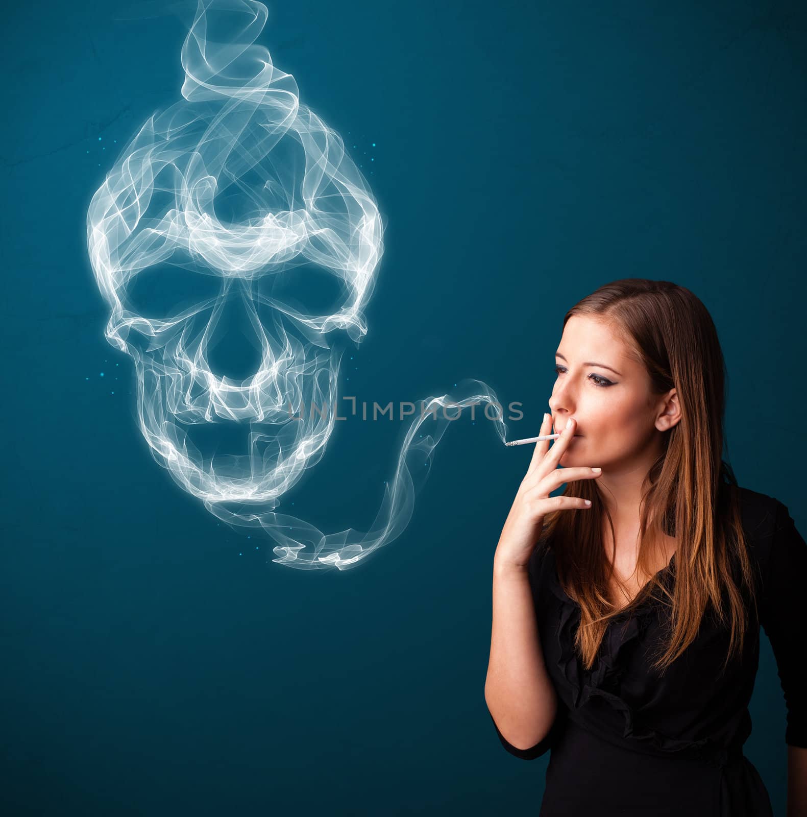 Pretty young woman smoking dangerous cigarette with toxic skull smoke 