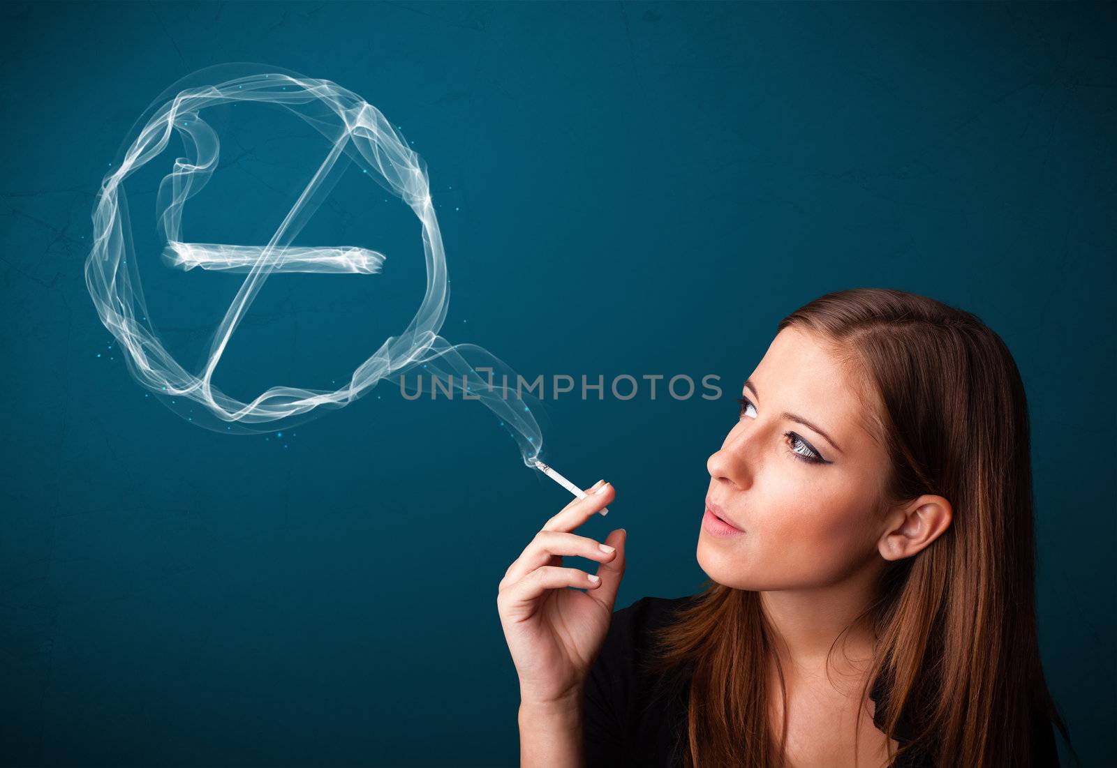 Pretty young lady smoking unheathy cigarette with no smoking sign
