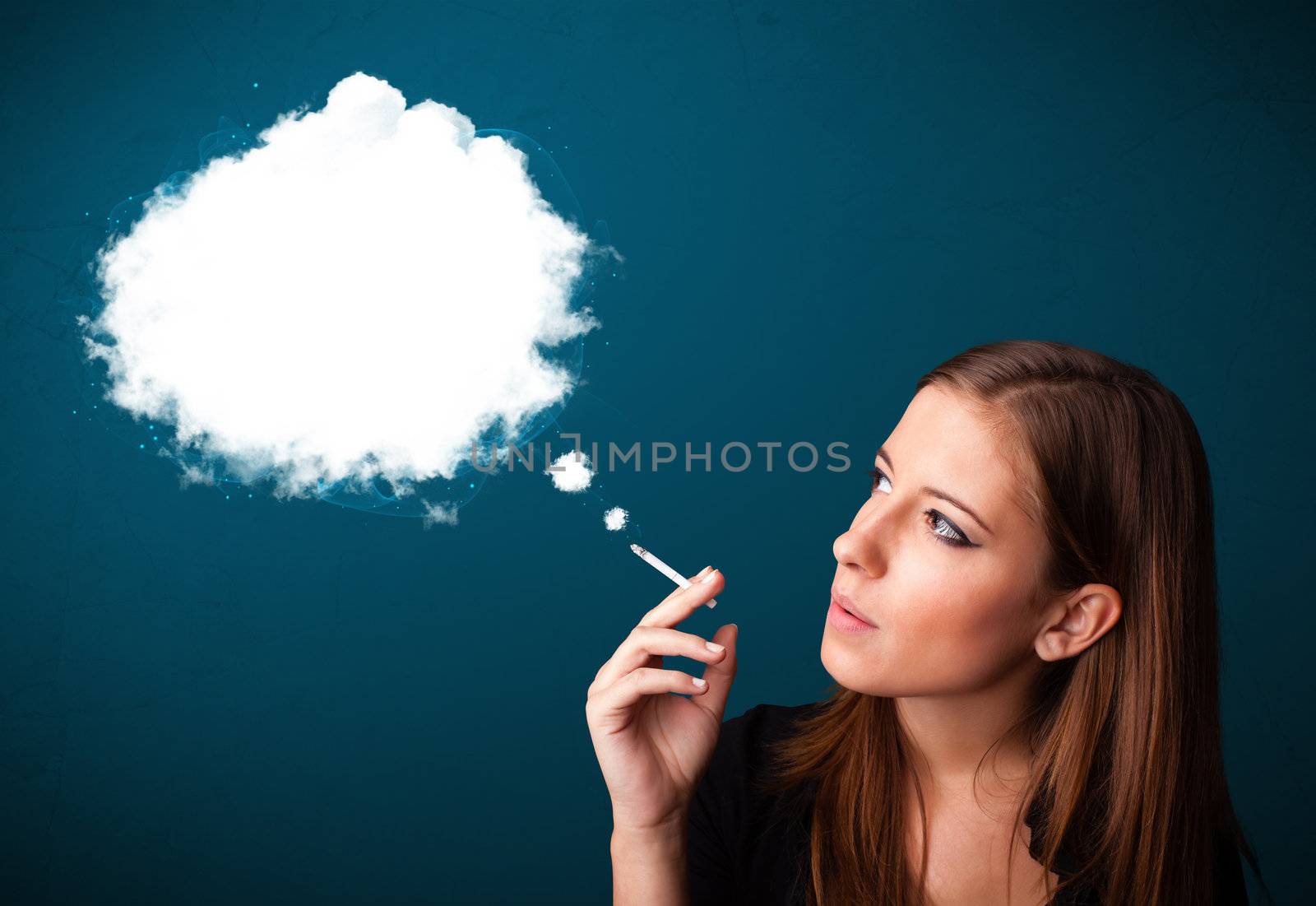 Pretty young woman smoking unhealthy cigarette with dense smoke