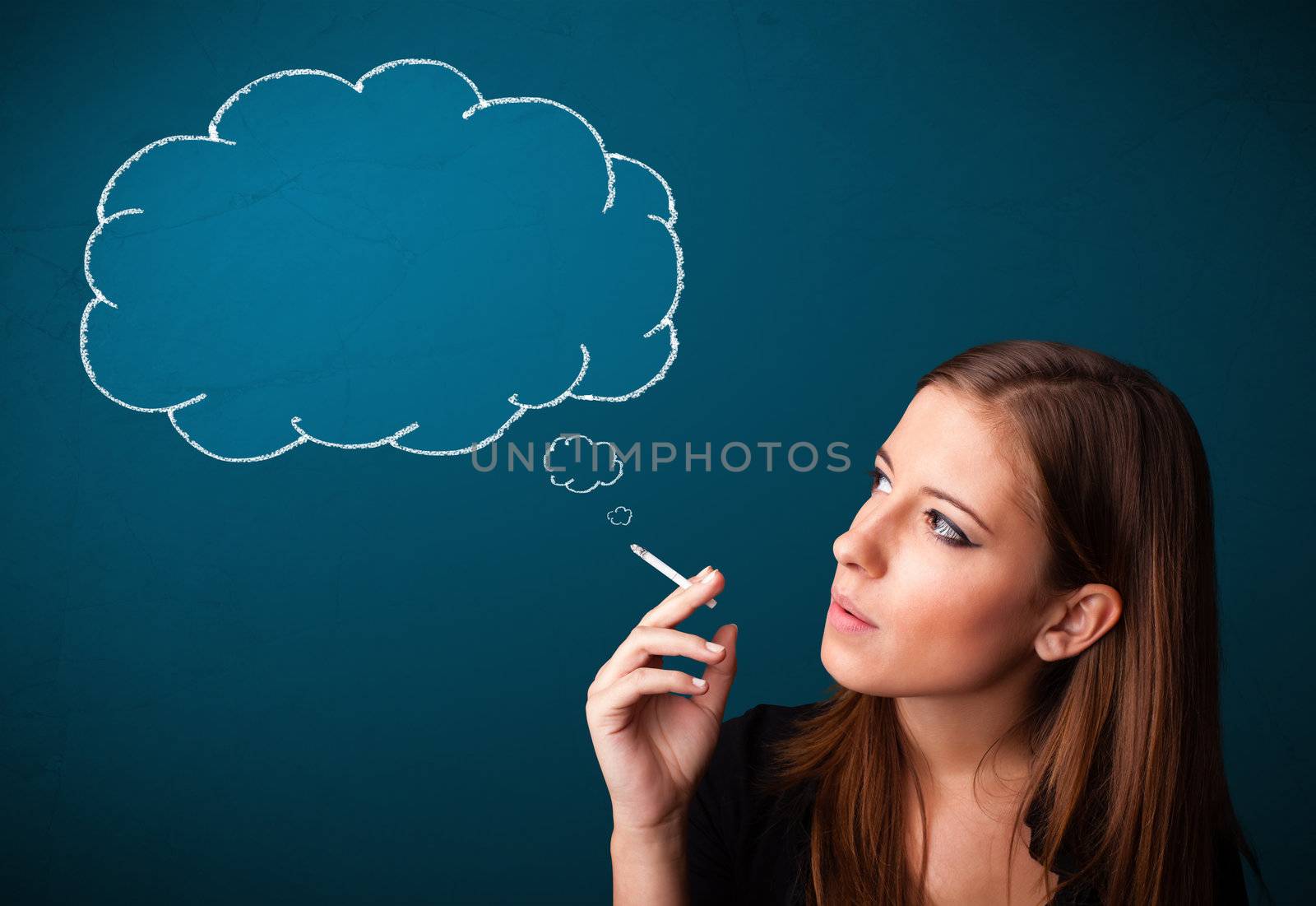 Beautiful young lady smoking cigarette with idea cloud