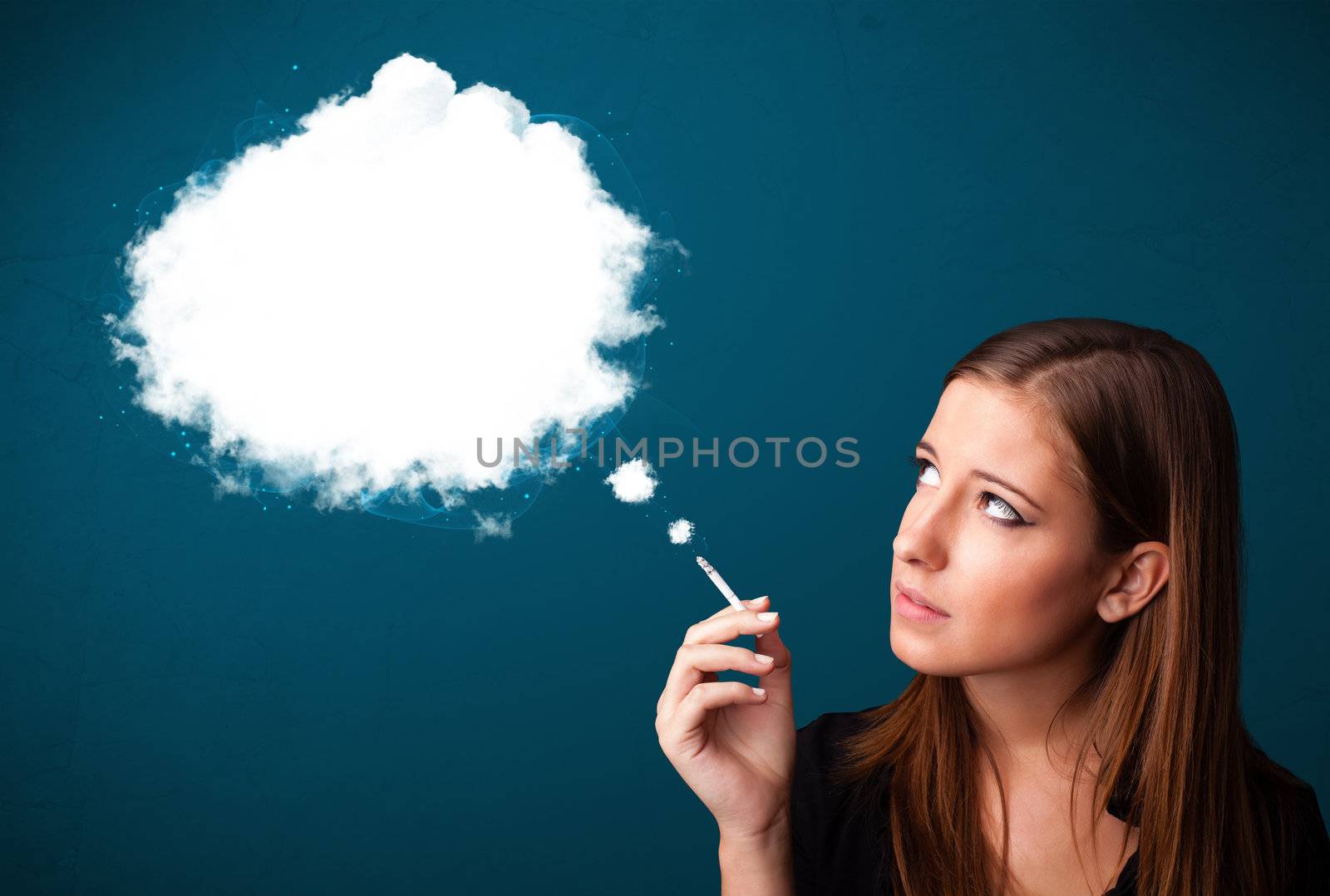 Pretty young woman smoking unhealthy cigarette with dense smoke