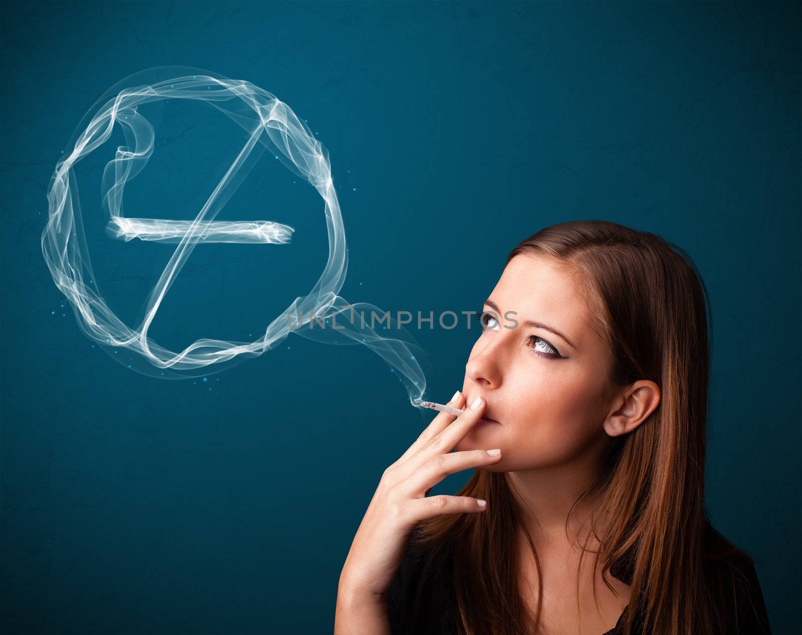 Pretty young lady smoking unheathy cigarette with no smoking sign
