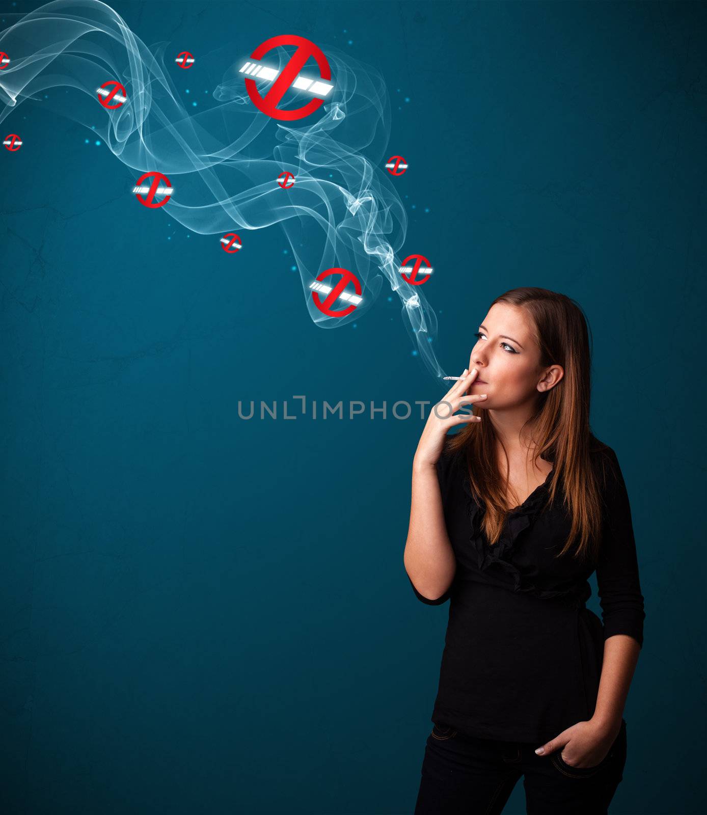 Beautiful young woman smoking dangerous cigarette with no smoking signs