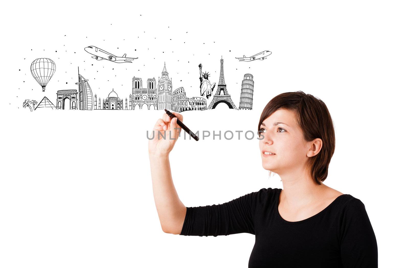 Young woman drawing famous cities and landmarks on whiteboard  by ra2studio