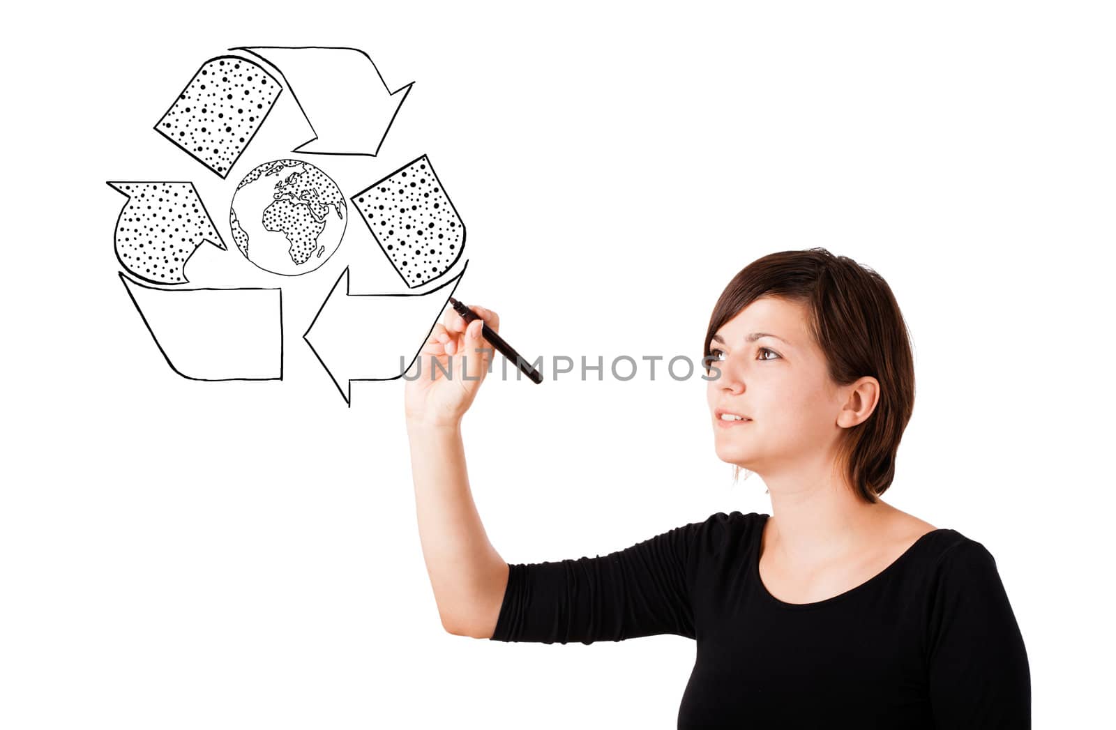 Young woman drawing recycle globe on whiteboard isolated on white