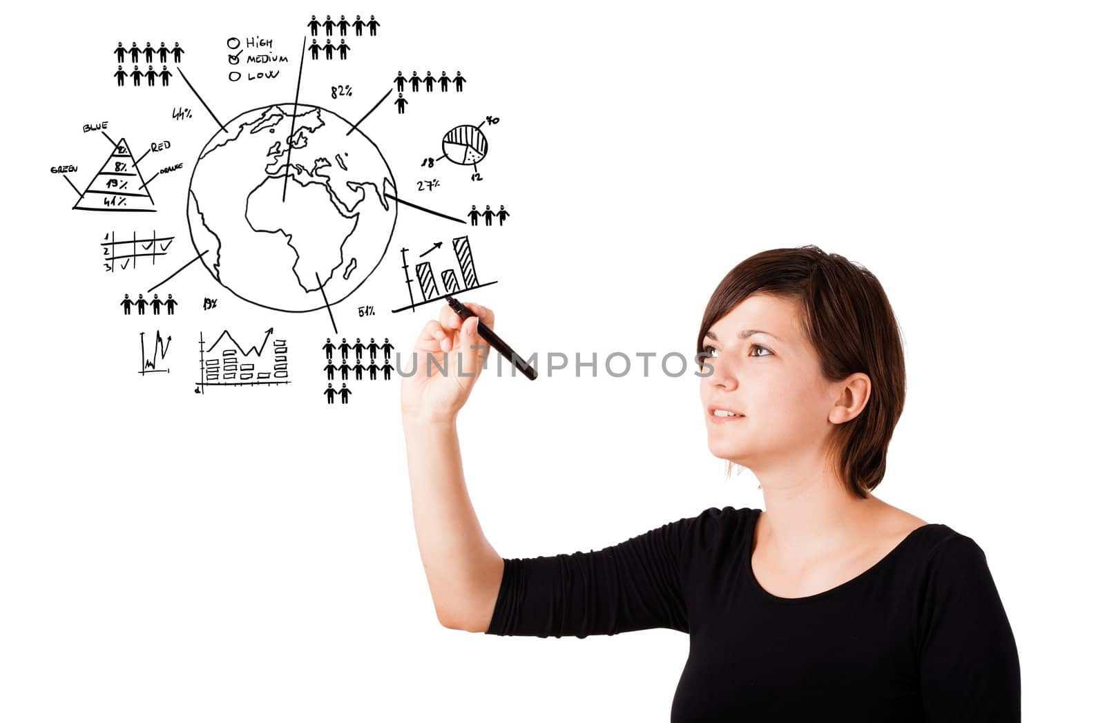 Young woman drawing globe with various diagrams isolated on white