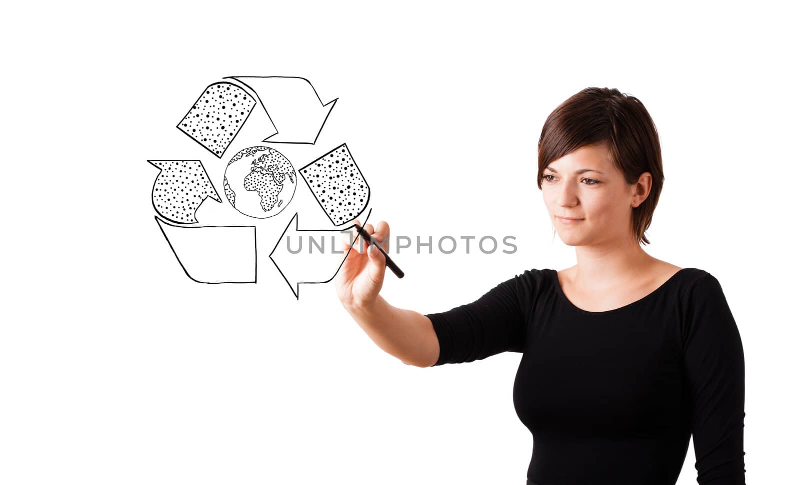 Young woman drawing recycle globe on whiteboard isolated on white