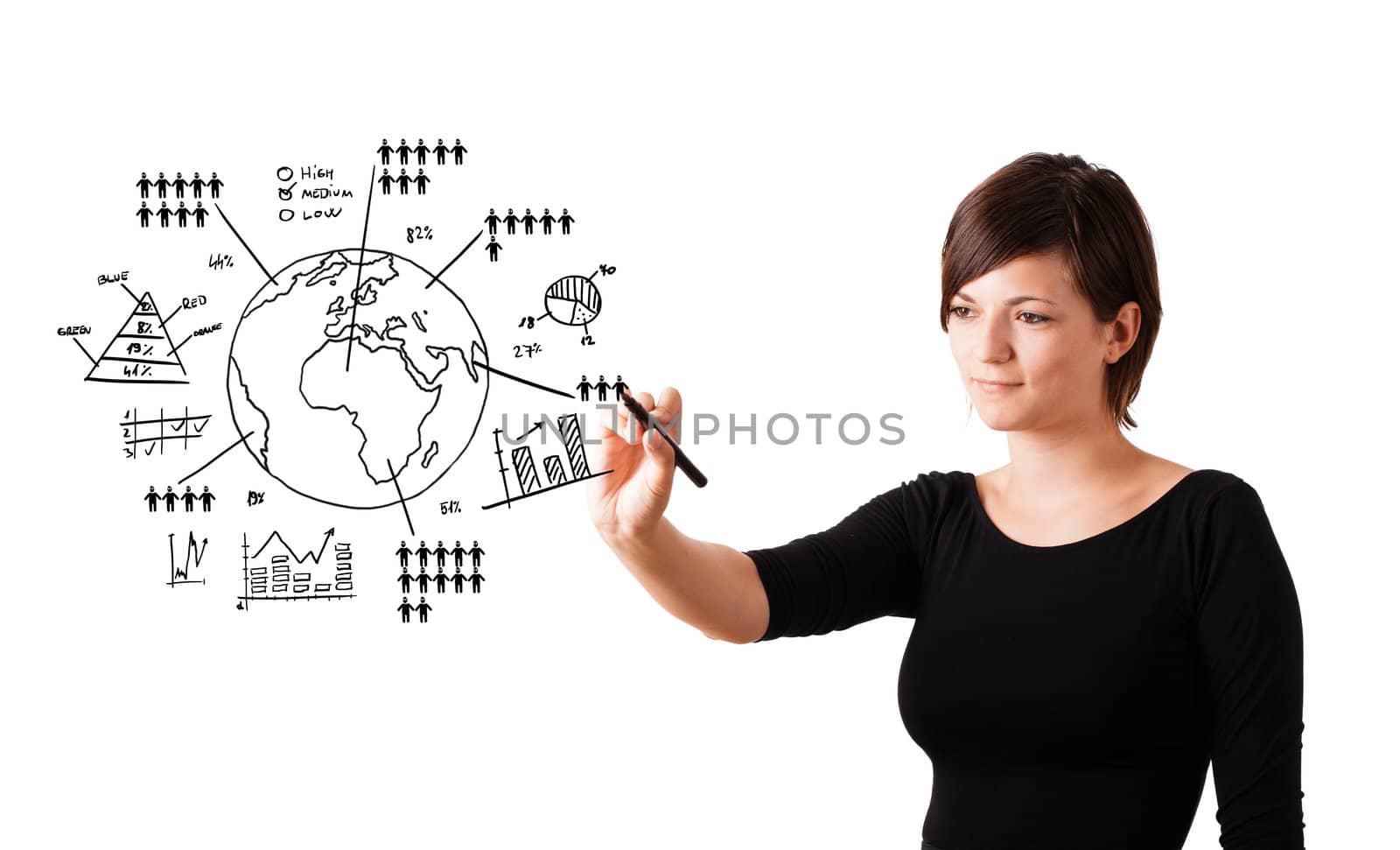 Young woman drawing globe with various diagrams isolated on white