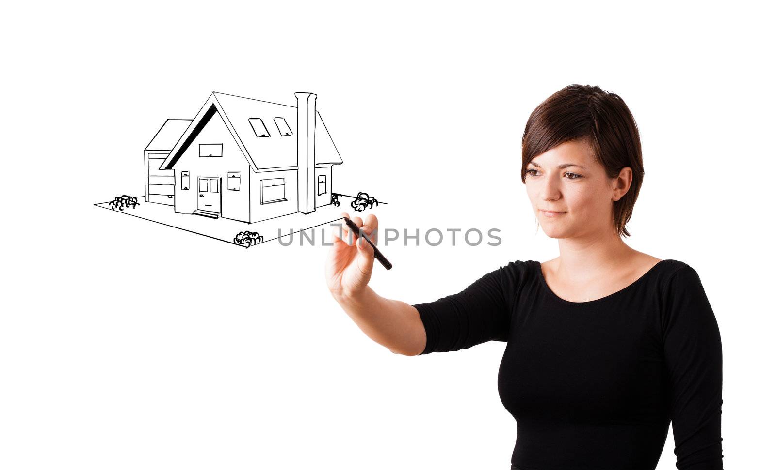 Young woman drawing a house on whiteboard isolated on white