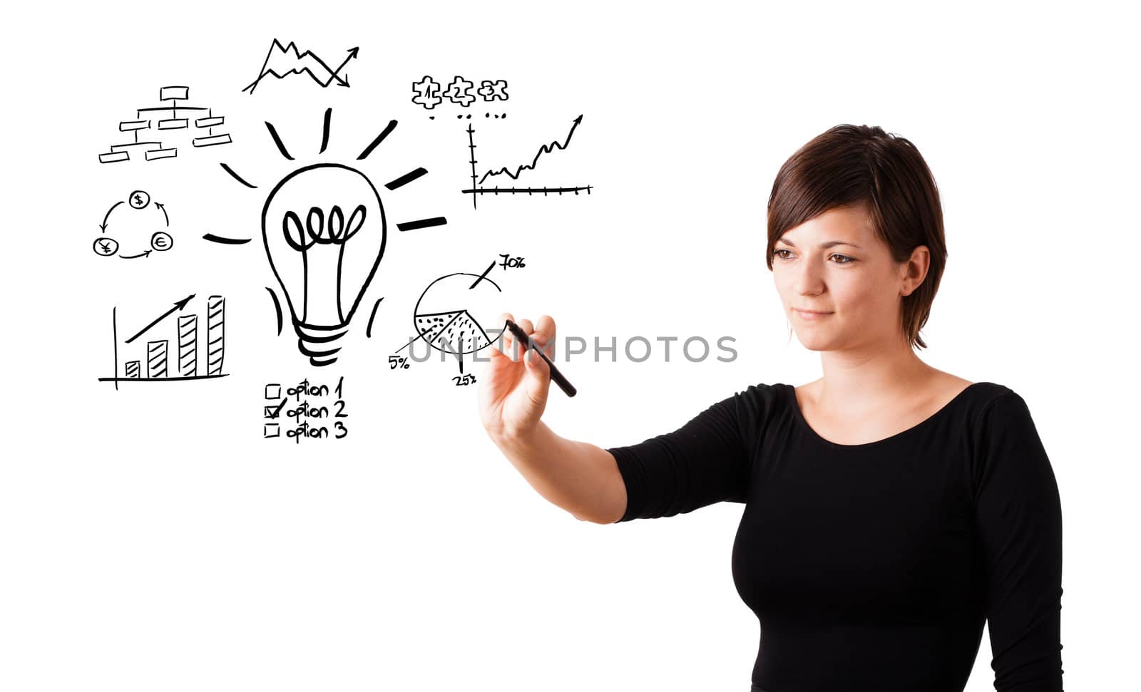 Young business woman drawing light bulb with various diagrams and charts on whiteboard isolated on white