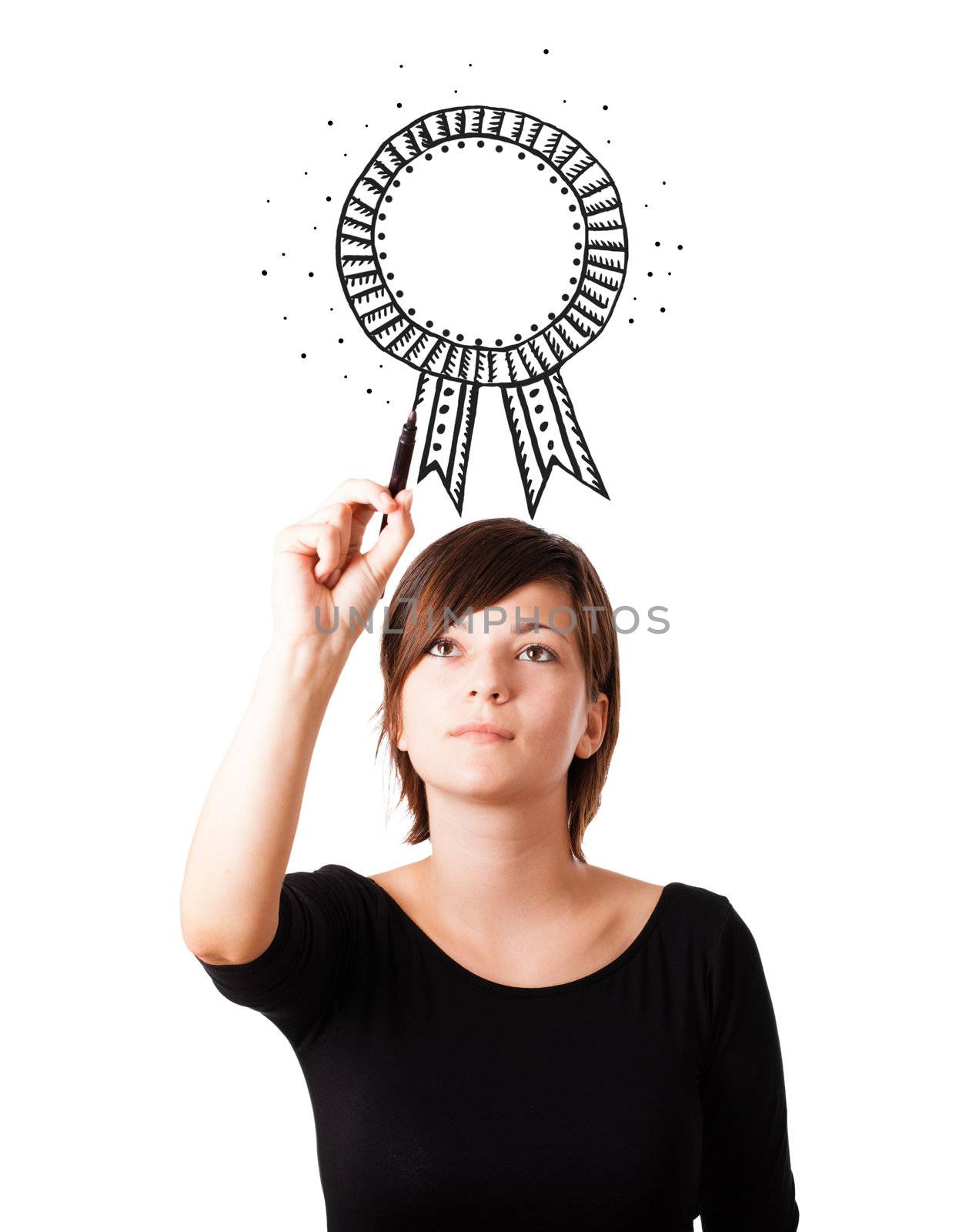 Young woman drawing a ribbon on whiteboard isolated on white