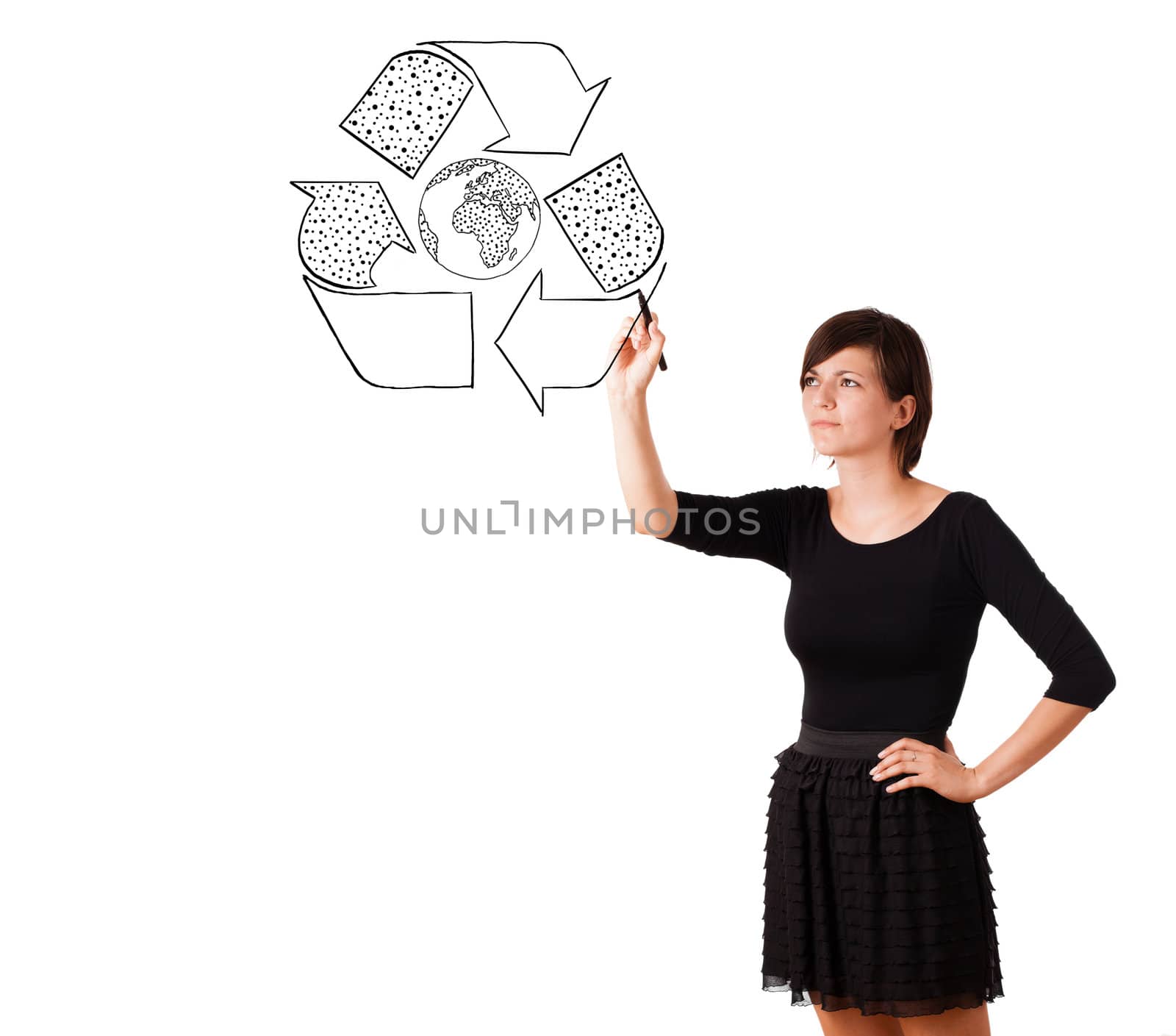 Young woman drawing recycle globe on whiteboard isolated on white