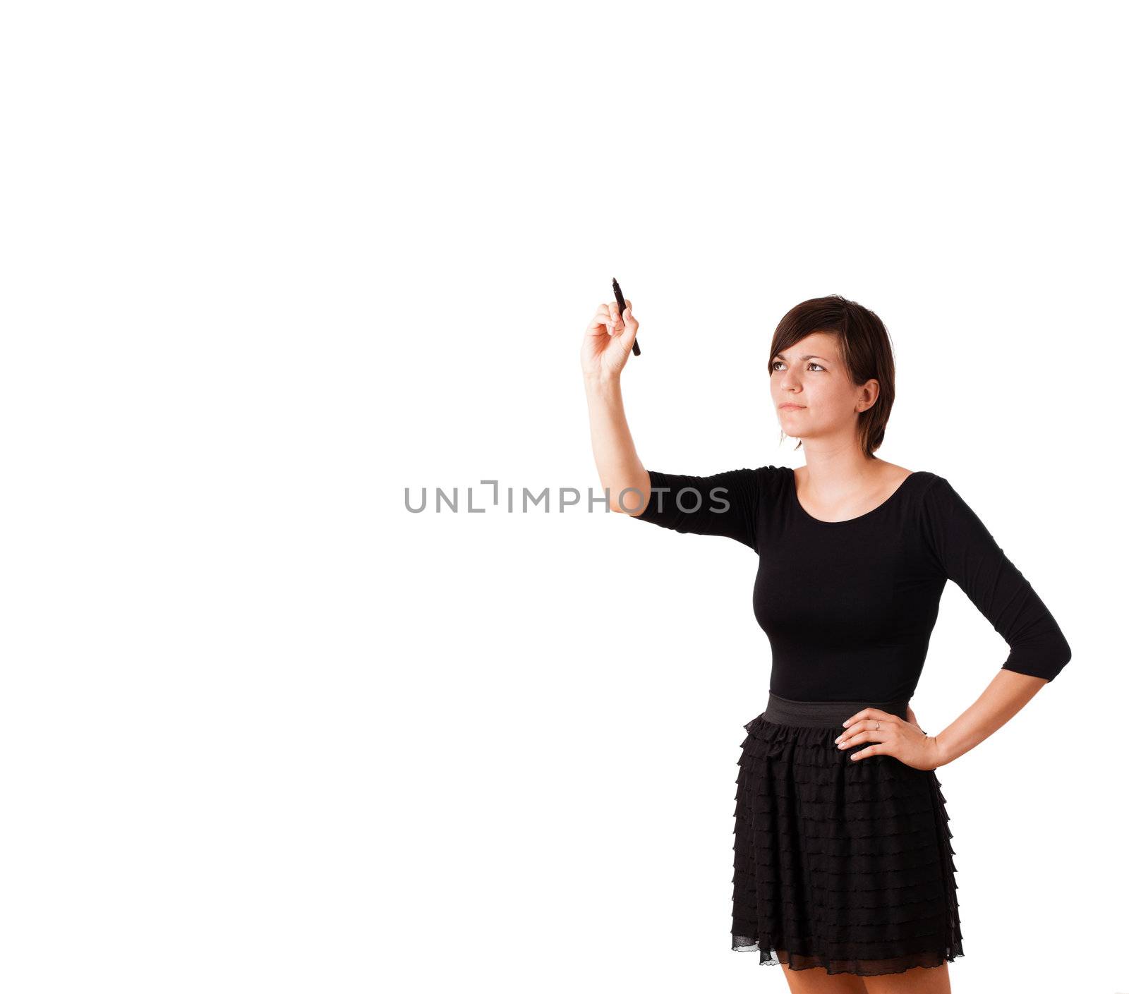 Young woman drawing on wihteboard with white copyspace isolated on white