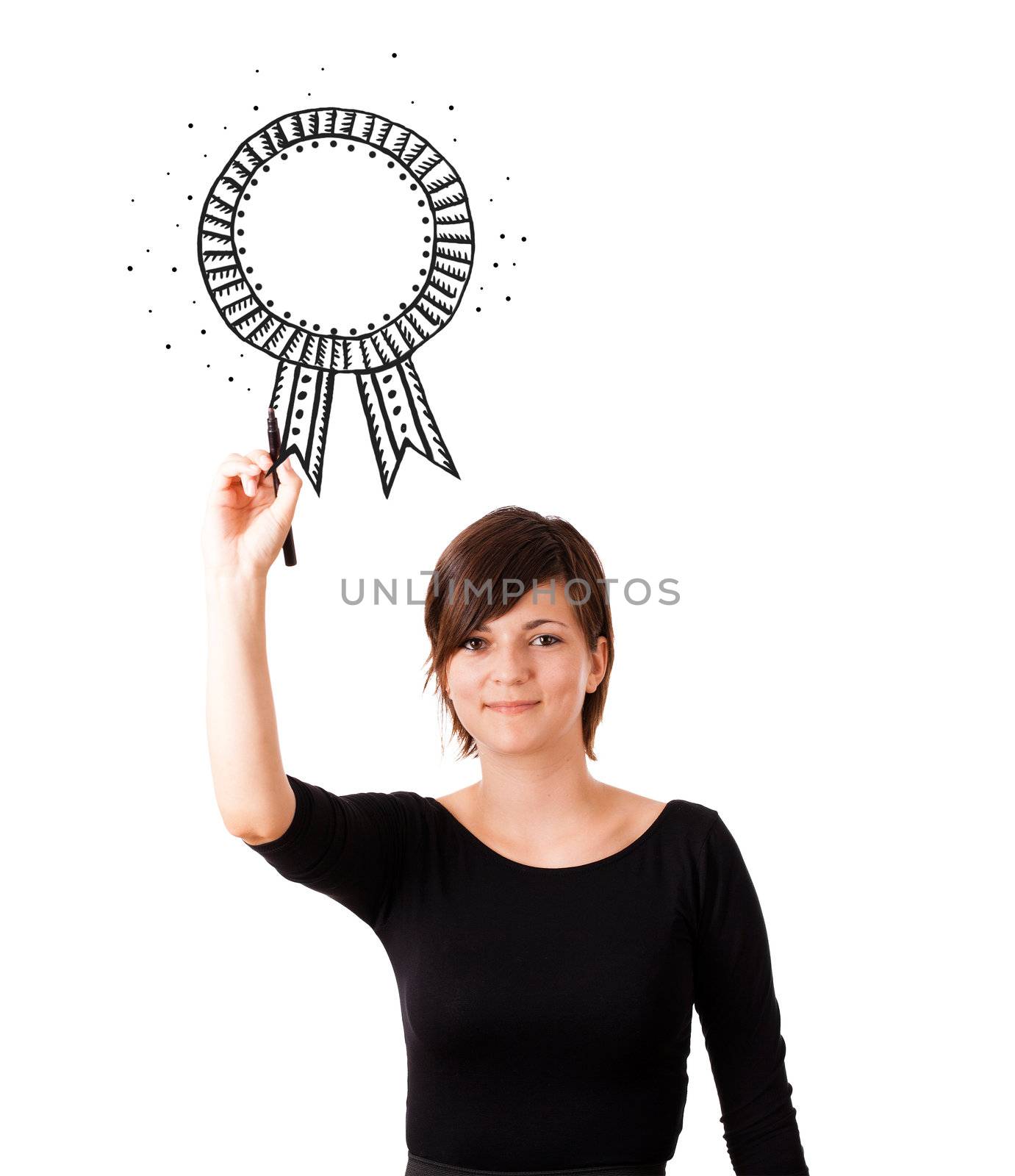 Young woman drawing a ribbon on whiteboard isolated on white