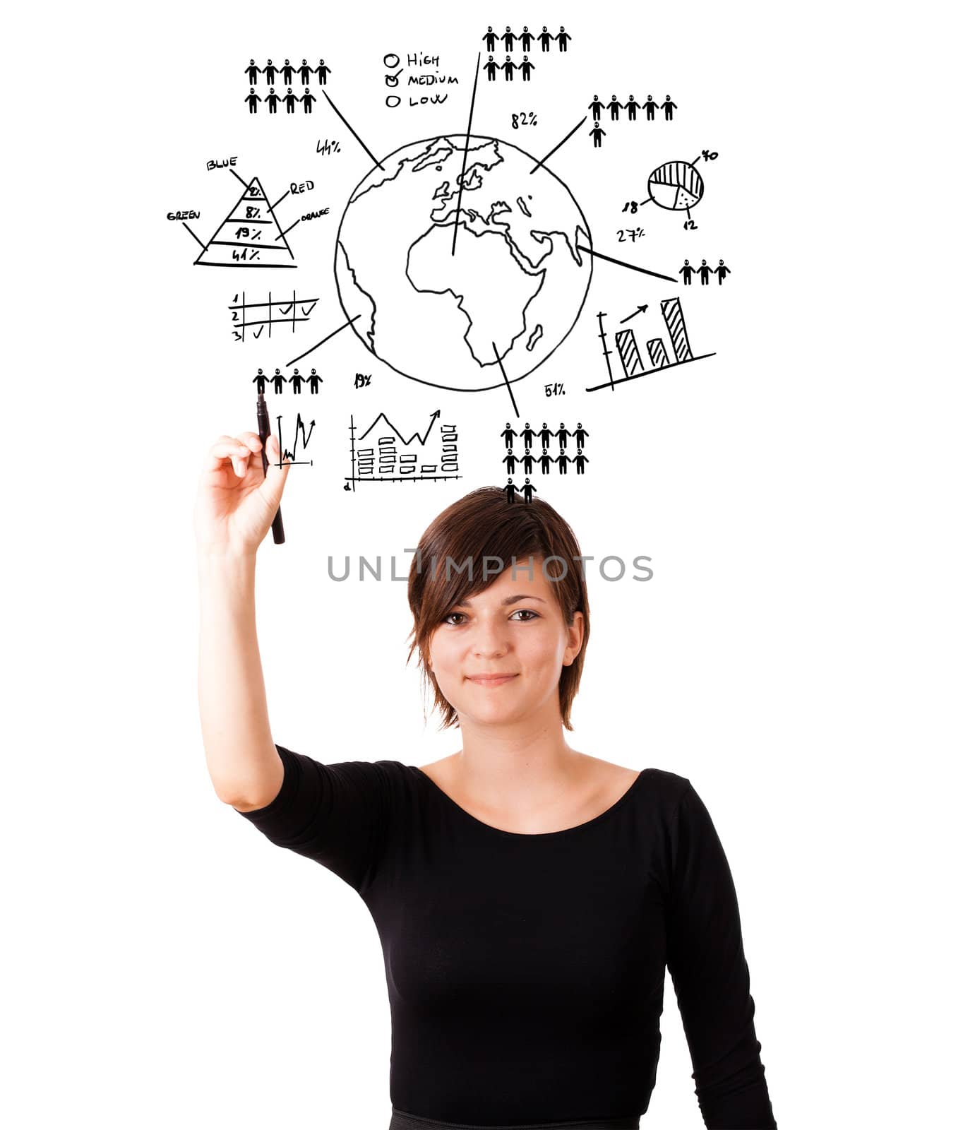 Young woman drawing globe with diagrams isolated on white by ra2studio